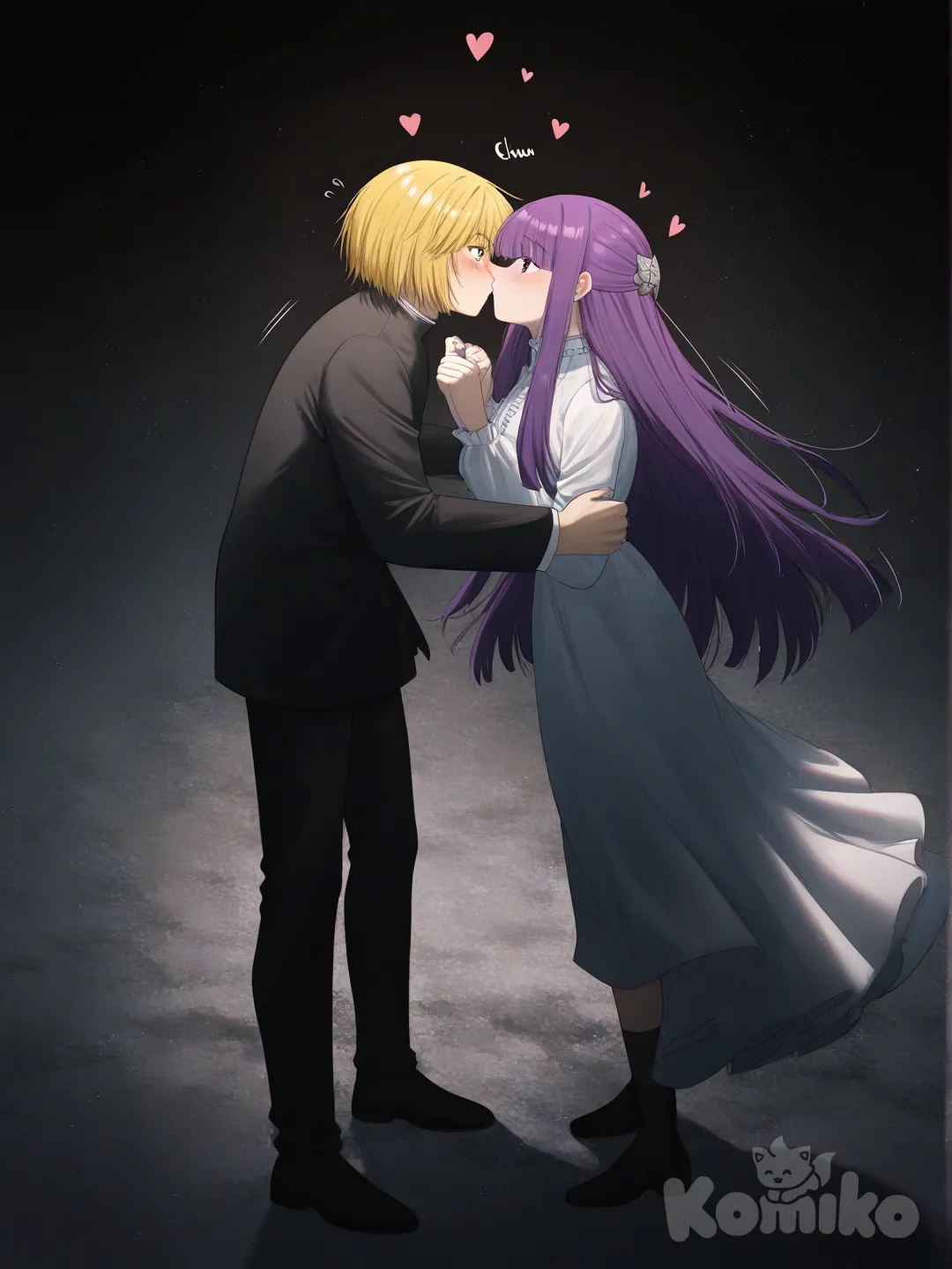 Kurapika, Fern (Sousou No ), Fern (Sousou No Frieren), [moody-glow-style], kissing, portrait, full body