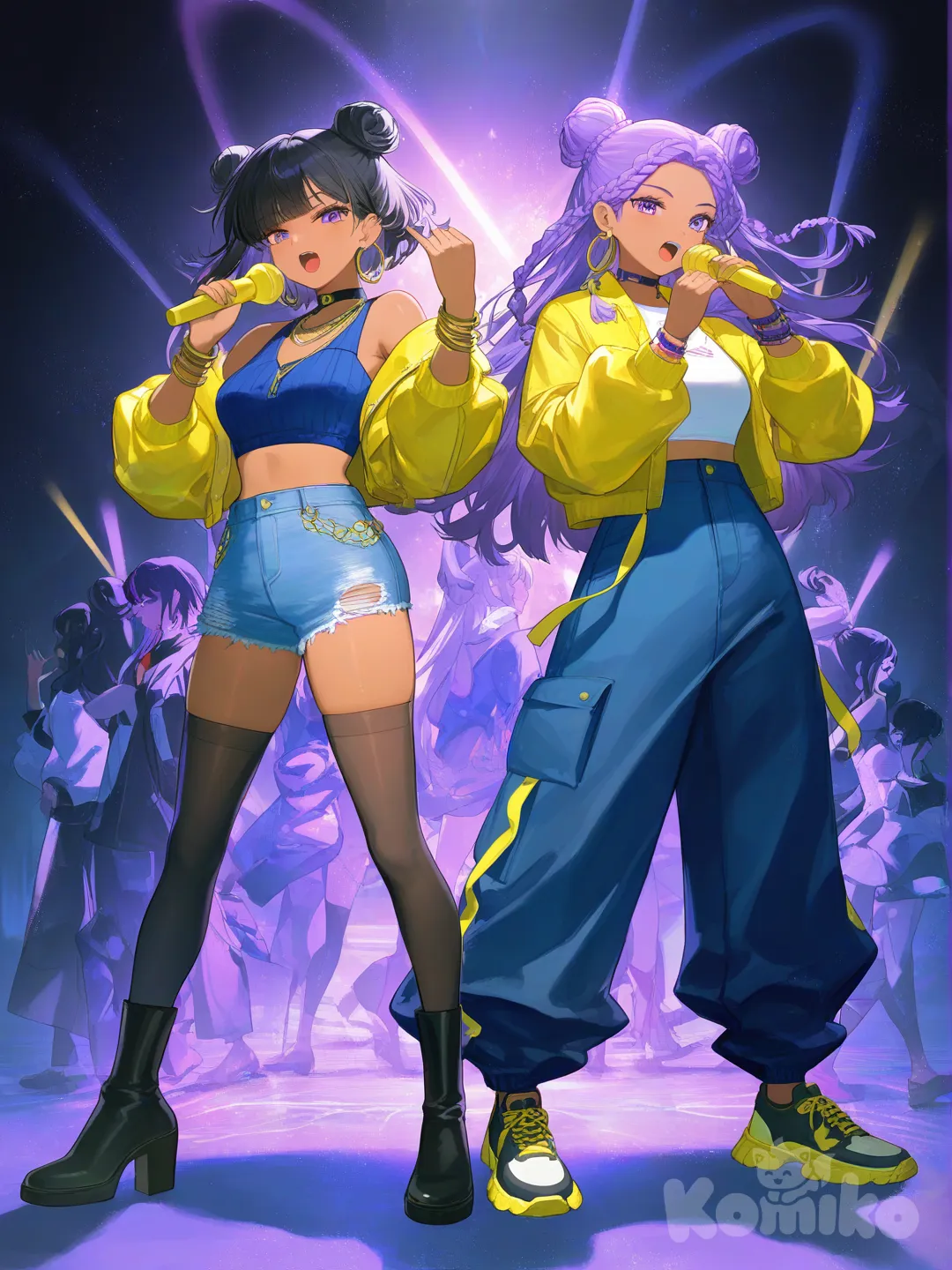 @Rumi, @Zoey, [moody-glow-style], singing, portrait, full body