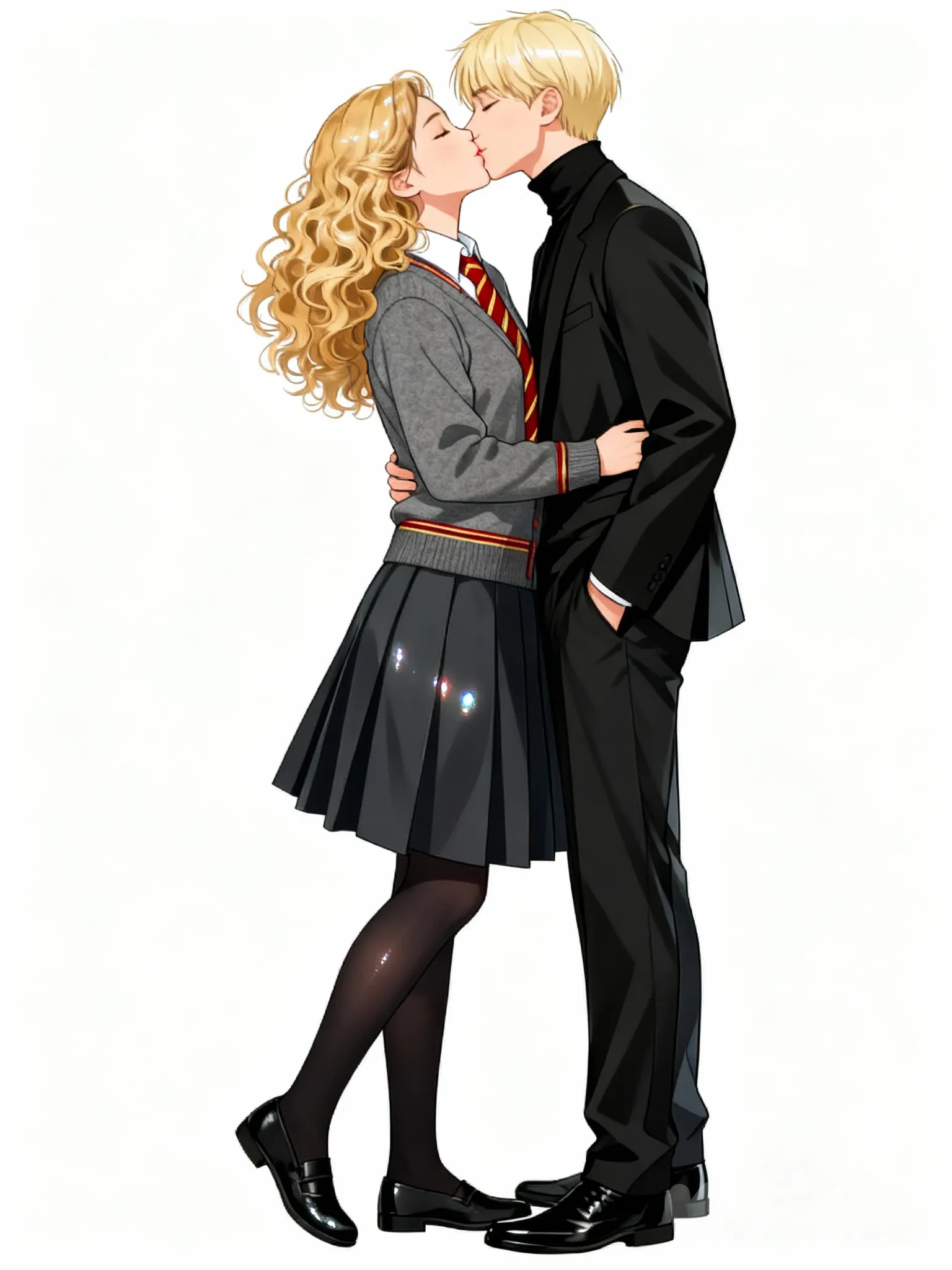 @Hermione_Granger, @Draco_Malfoy, [semi-realistic-portrait-style], kissing, full body