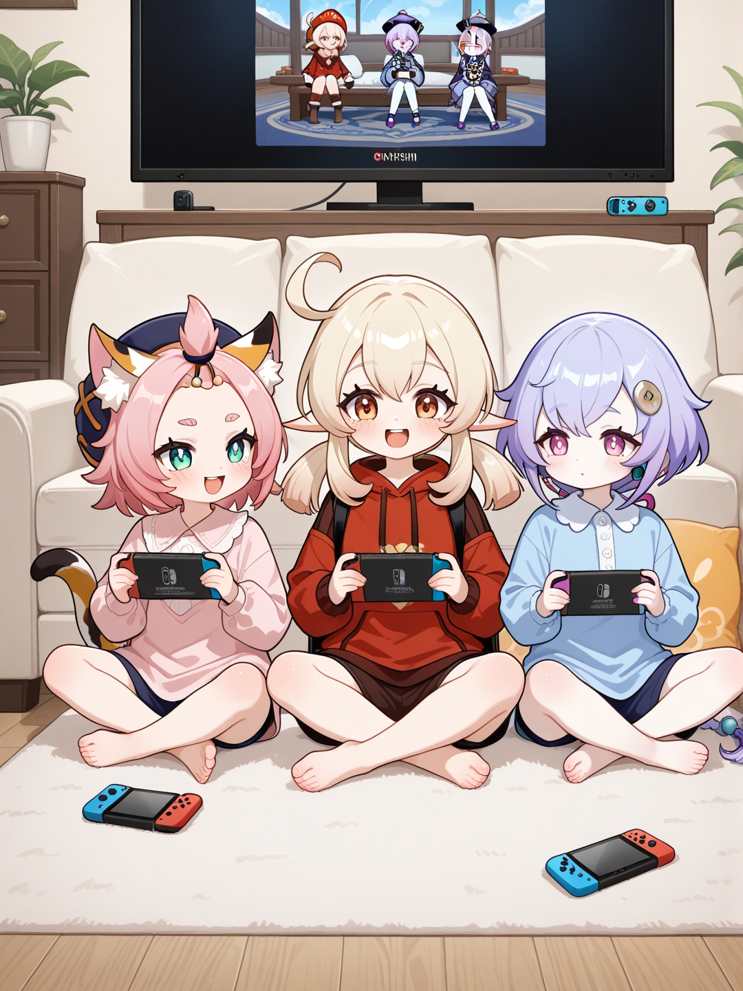 @Klee_(Genshin_Impact), @Diona_(Genshin_Impact), @Qiqi_(Genshin_Impact), jugando pokemon united con la switch en casa