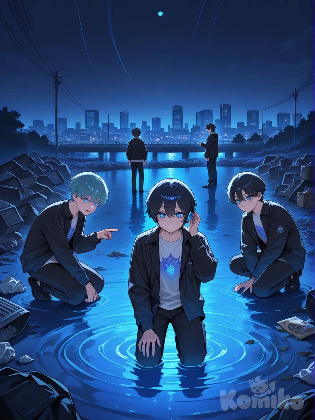 CAPÍTULO 1 — EL GRITO DEL RÍO
La historia inicia con una VerdeLuz apagada y contaminada.
 Las calles están llenas de basura, el aire es pesado y el río desprende un olor tóxico. En la cotidianidad del caos, casi nadie se detiene a mirar.
Pero esa noche, algo cambia.
 El río, agonizante, irradia un tenue resplandor azul que solo tres jóvenes perciben:
Lia, que escucha una melodía suave entre las ondas del agua.
Milo, que observa cómo el brillo cambia de color siguiendo un patrón artístico.
Theo, que siente vibraciones que parecen seguir una lógica que él puede descifrar.
Es el primer mensaje de la naturaleza.
 Un grito desesperado convertido en arte.