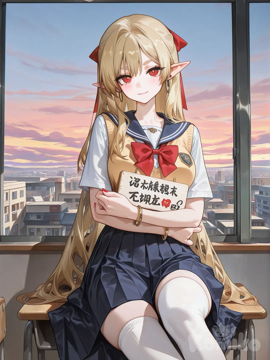 @yuki-EyKR, hugging, smile, school uniform, studs, closeup, ambient light, classroom, [high-gloss-illustration-style], holding sign, knitted vest, beach shorts, cityscape, sitting, twilight, looking at viewer, cowboy shot