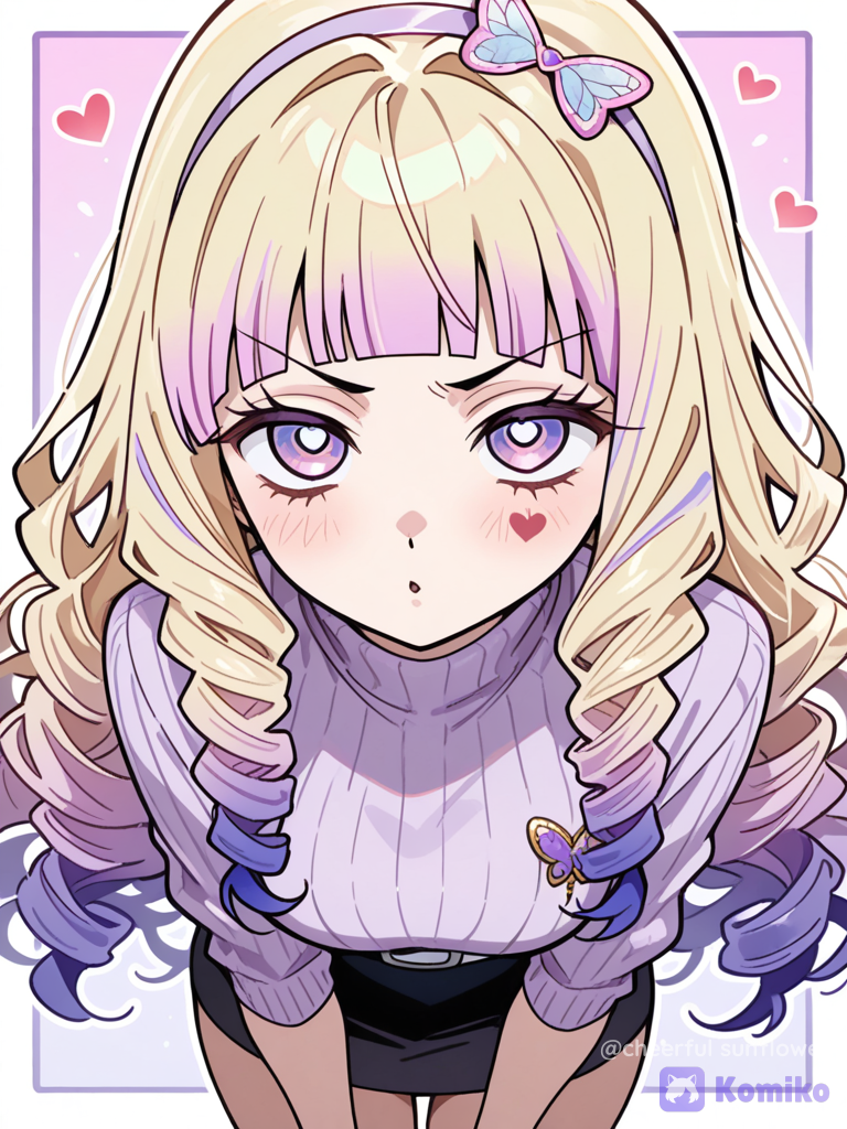 Aurelie kibutsuji: Long Blonde Curly Hair with Light Pink,Purple and Blue Ombre and Blunt Bangs, Heart Shaped Face, Upturned Light Pink To Purple Eyes, Arched Eyebrows, Cupid’s Bow Lips, Button nose, Heart Beauty Mark, lavender turtleneck sweater with butterfly pins, black mini skirt, light purple hairband, demon slayer oc