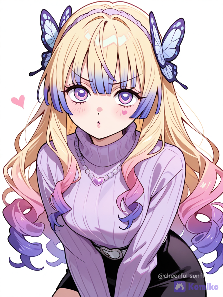 Aurelie kibutsuji: Long Blonde Curly Hair with Light Pink,Purple and Blue Ombre and Blunt Bangs, Heart Shaped Face, Upturned Light Pink To Purple Eyes, Arched Eyebrows, Cupid’s Bow Lips, Button nose, Heart Beauty Mark, lavender turtleneck sweater with butterfly pins, black mini skirt, light purple hairband, demon slayer oc