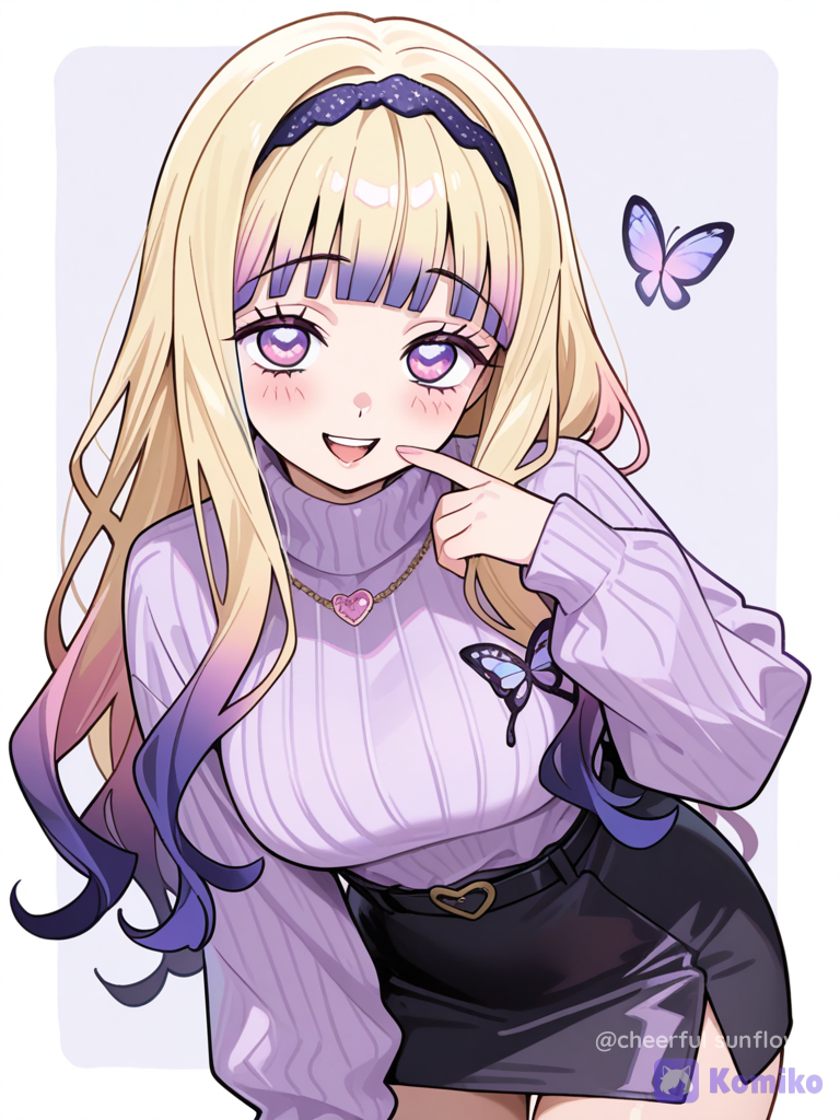Demon Slayer, Aurelie kibutsuji: Long Blonde Hair with Light Pink,Purple and Blue Ombre and Blunt Bangs, Heart Shaped Face, Light Pink To Purple Eyes, lavender turtleneck sweater with butterfly pin, black mini skirt, light purple hairband