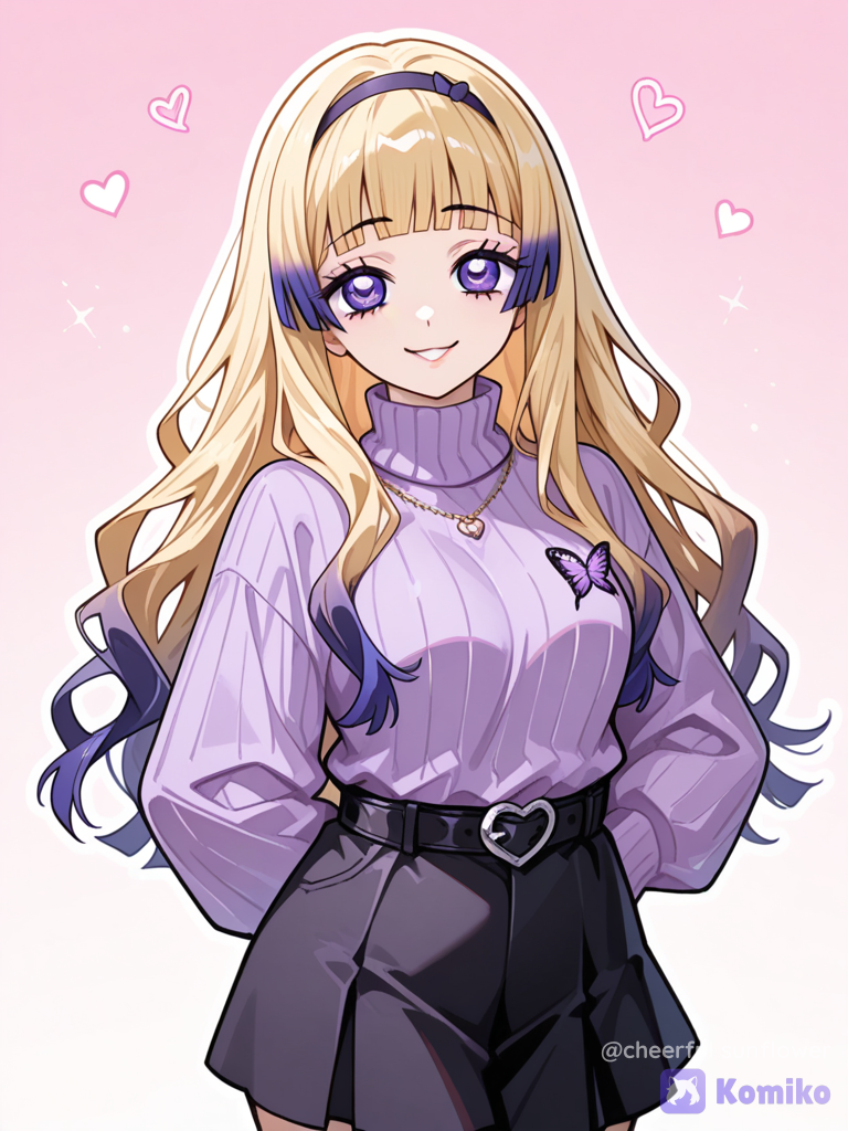 Demon Slayer, Aurelie kibutsuji: Long Blonde Hair with Light Pink,Purple and Blue Ombre and Blunt Bangs, Heart Shaped Face, Light Pink To Purple Eyes, lavender turtleneck sweater with butterfly pin, black mini skirt, light purple hairband