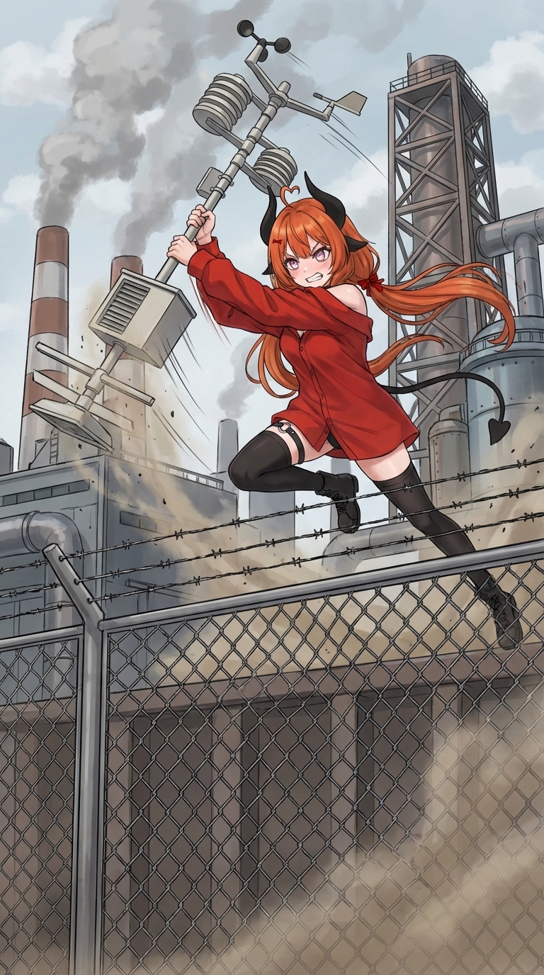 Снимок экрана 2025-12-23 113937 девушка на фоне завода перекидывает через забор с колючей проволокой метео станцию она подпрыгивает и пытается ее перекинуть через забор , anime style