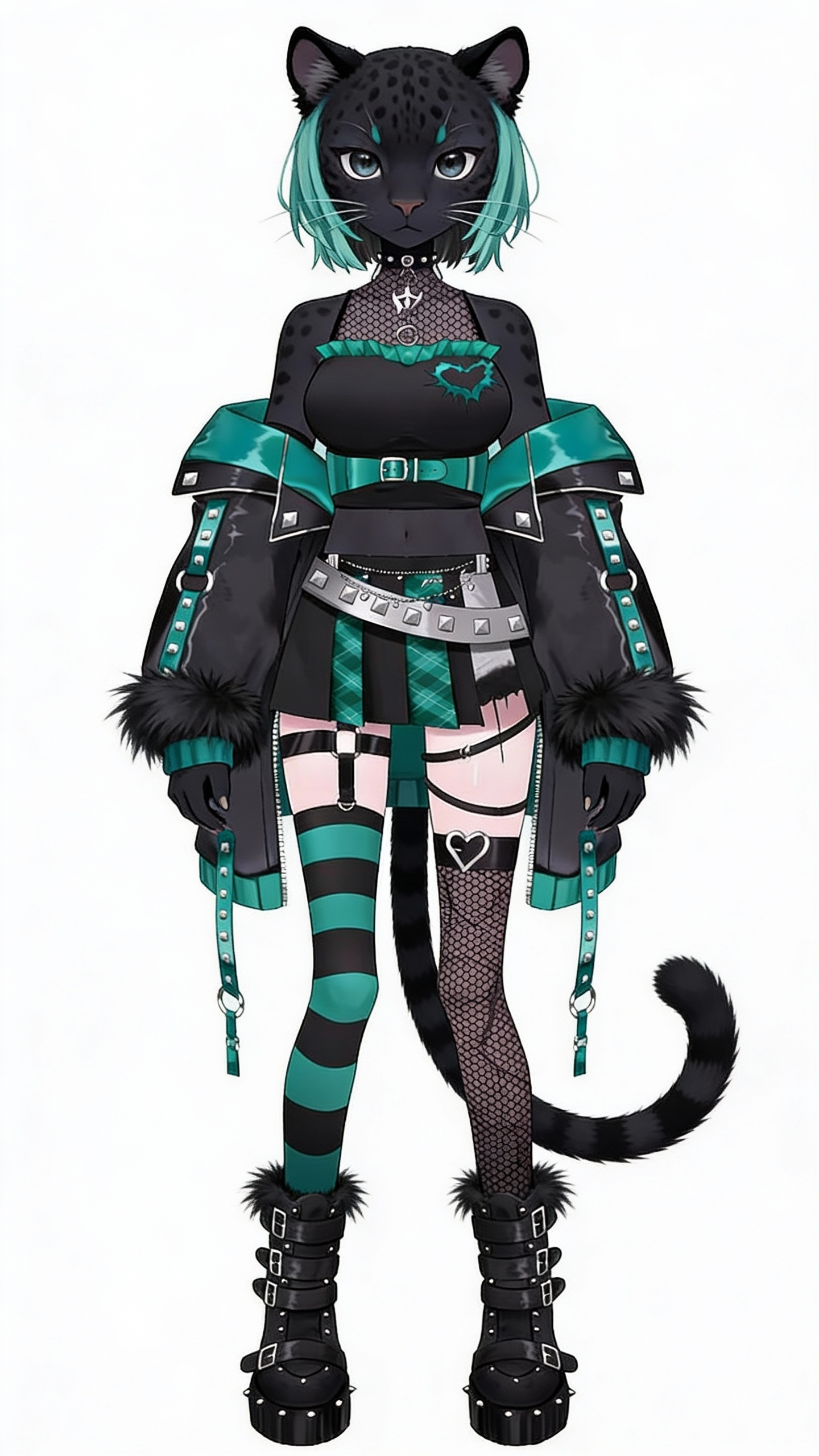 997eb7acdebcf3e8e7f1efd015003615 нарисуй втубер модельку на белом фоне девочка пантера стоит в полный рост тело человека но детали пантеры милая руки по бокам стоит прямо стиль рисовки как на референсе