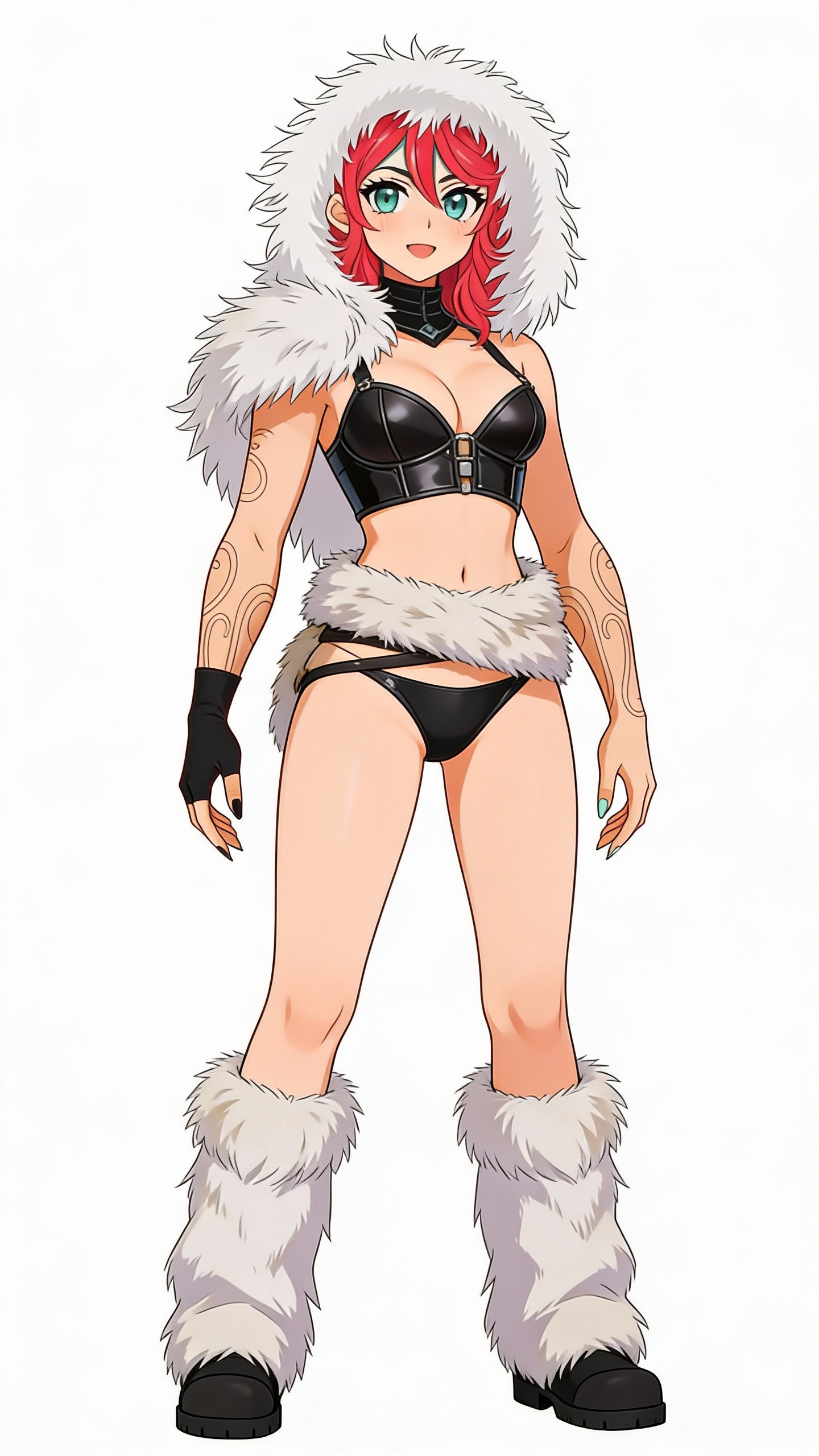 nano-banana-192390 (1) нарисуй девушку с референса в милом аниме стиле в кожанных трусах с меховой повязкой на талии в меховых ботинках меховая накидка на голове и плечах кожанный бюстгалтер