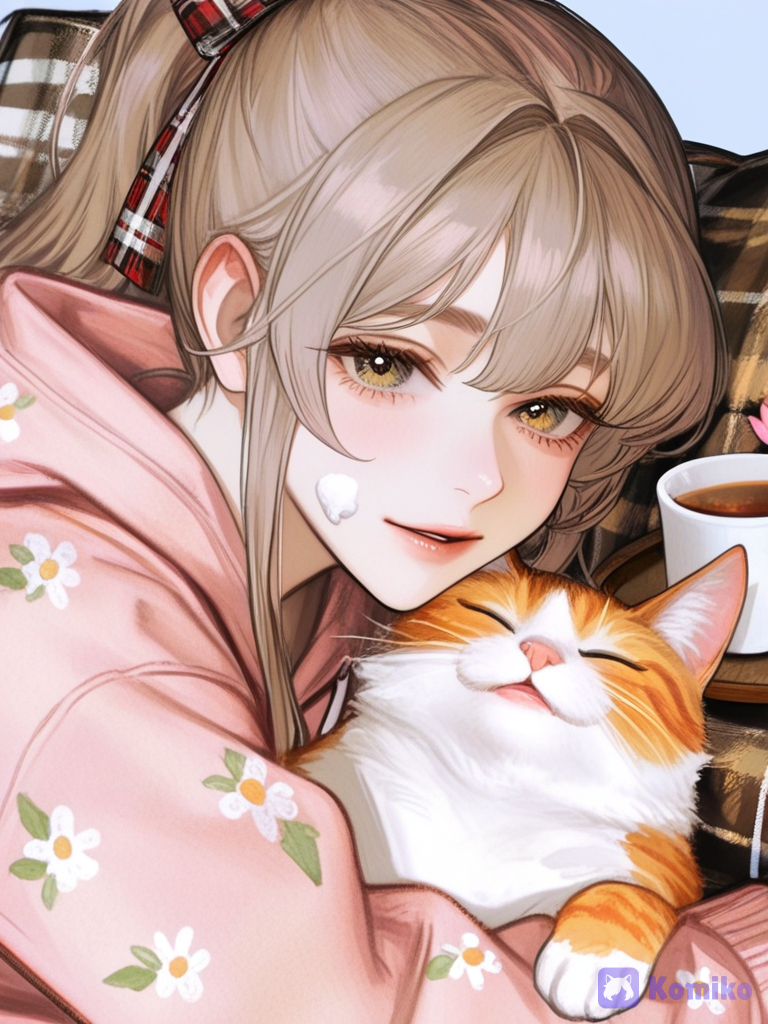 [semi-realistic-portrait-style], An anime-style illustration depicts a girl with light brown hair tied into two high pigtails with a yellow-and-white plaid ribbon bow. She has large, shimmering teal eyes, flushed cheeks, and a gentle smile as she looks toward the viewer. She is wearing a cozy cream-colored hoodie decorated with a daisy pattern along the sleeves and a yellow plaid lining inside the hood. She is lying down, cuddling an orange and white tabby cat that looks content with its eyes closed, while another similar tabby cat rests near her head on a brown plaid pillow.
The surrounding scene is filled with cheerful, casual details. To her left, there is a wooden tray holding a white cup of black coffee or tea and some square biscuits. Near the bottom, small polaroid-style photos showing landscape illustrations are scattered along with small pink flower blossoms. The overall color scheme is bright, warm, and comforting, featuring soft pastel tones and a light blue background., 1girl, looking at phone, shocked, pajamas, silk, scarf, flower field, neon lights, looking away