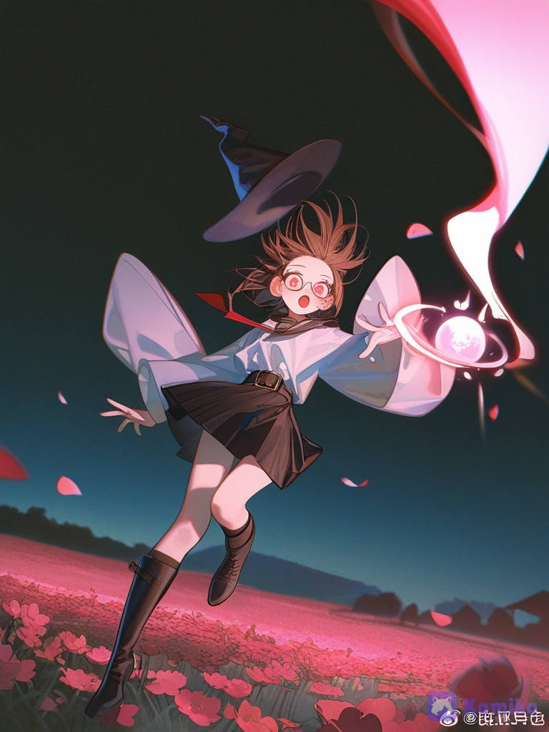 [high-contrast-glossy-style], @pomni-TOYc, 1girl, falling, witch outfit, leather, magic orb, feather hat, jewelry, man bun, straight bangs, spiky hair, black hair, knee-high boots, combat boots, burgundy, fuchsia, charcoal black, full body, front profile photo, backlight, cinematic lighting, night, twilight, flower field, park
