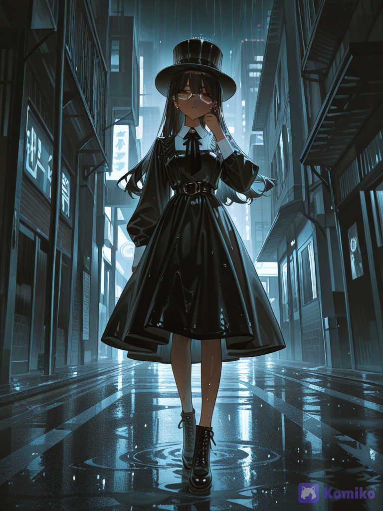 [high-gloss-illustration-style], @muzzu-3Kv2, face pinching, expressionless, leather, little black dress, full body, looking at viewer, glowing particles, rainy street, black hair, top hat