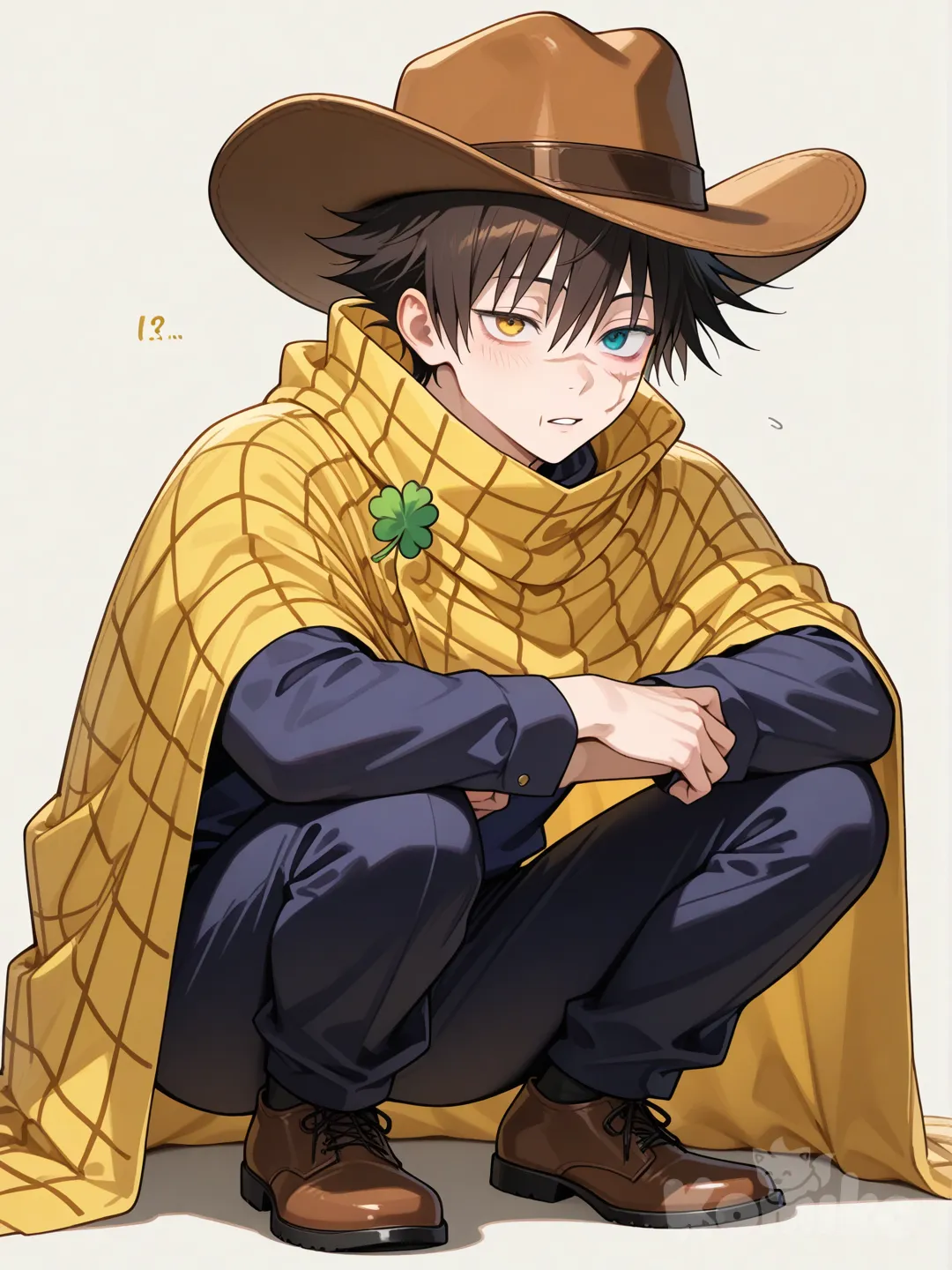 Faça o Clover de Undertale Yellow com o olho esquerdo branco e um corte na boca estilo Toni Fushiguro de Jujutsu Kaisen com uma Manta quadriculada da cor azul e amarela