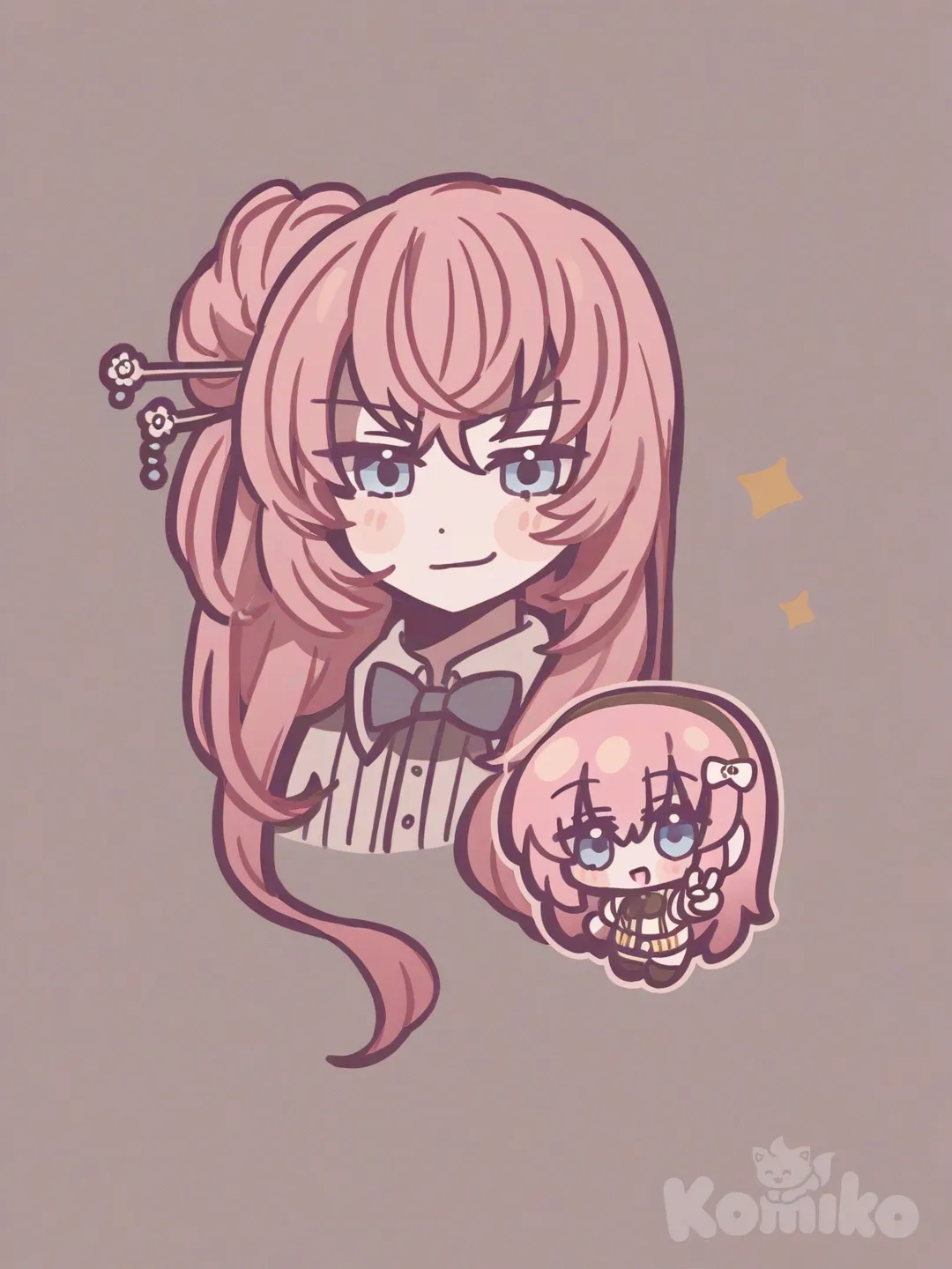 Megurine Luka, [glossy-chibi-style], v sign, smirk, polo shirt, bow, pearls, hairpin, hair accessory, bun, closeup