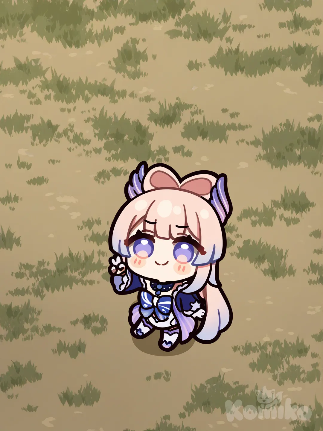 v sign, smirk, grassland, Sangonomiya Kokomi, [glossy-chibi-style], closeup, headshot