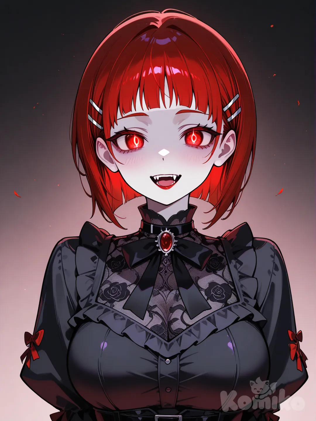 A vampire @Kirigaya_Suguha , with short red hair, glowing red eyes, pale skin, red lips, and a gothic drees