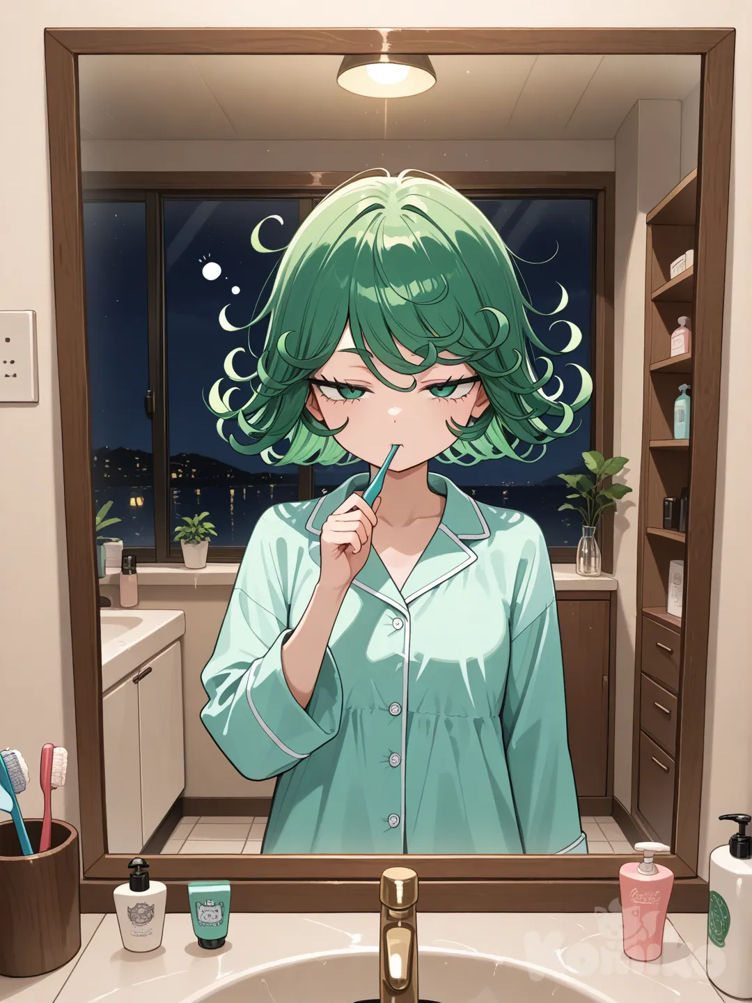 Tatsumaki, sleepy, wearing a Pijama, brushing her tooth in front of a mirror