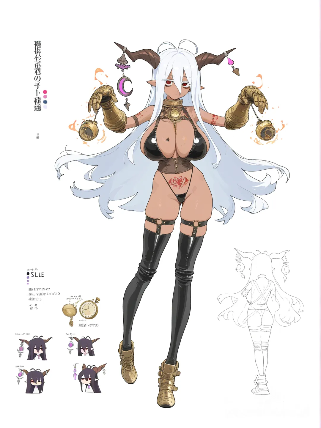Create a character design sheet featuring a teenage anime-style female character wearing a Arjuna_(Fate) clothes , black thigh-high socks ,steampunk shoes , with an optional an accessory. Keep her hairstyle, facial features, and body proportions consistent with the original reference character. Include full-body front, side, and back views showing the updated Arjuna_(Fate) clothes , a close-up of the face with a neutral expression, labeled outfit detail sections for the Arjuna_(Fate) clothes , socks , shoes , a color palette for hair, skin, and uniform elements, and pose references including an idle stance and a light action pose such as walking with the steampunk robot arm. Style should be clean and professional anime with crisp line art and soft cel-shading on a neutral background, using even studio lighting and an organized reference-sheet layout., sideboob, expressionless , white hair, ghost pose, sportswear, tall female, milf , sweat , steampunk watch, steampunk fox ears, ivory white , chest tattoo, breast tattoo, white hair, steampunk robot leg , tattoo, pubic tattoo, red tattoo , white background , full hd , Beautiful face , tall girl , small face, fire aura effect , energy ball, huge breasts , dark skin , Dark circles around the eyes , wear a steampunk collar , steampunk scepter, steampunk gauntlet, Gilgamesh (Fate) , Hachishaku sama, [vibrant-anime-style], @Danua