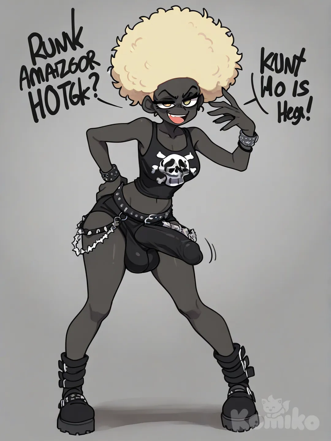 Futanari bulge, médium dick, full body,talking , punk,afro ebony black, curly blonde, smirk, [clean-lines-style]