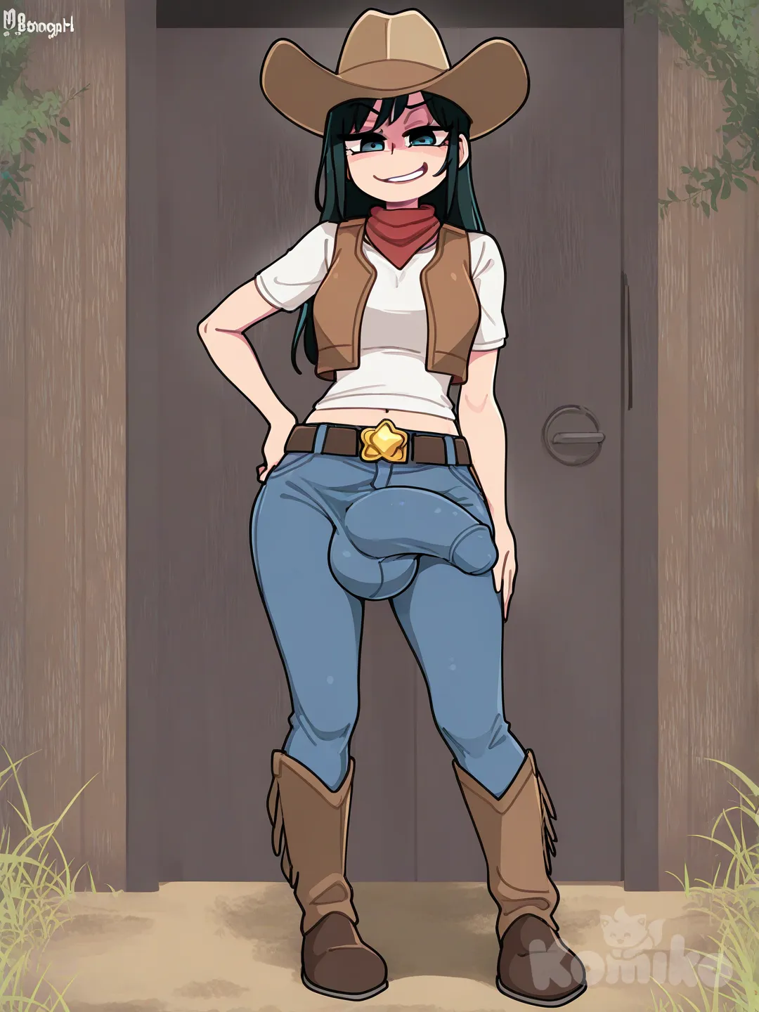 Futanari bulge, médium dick, full body, cowboy , smirk, [clean-lines-style]