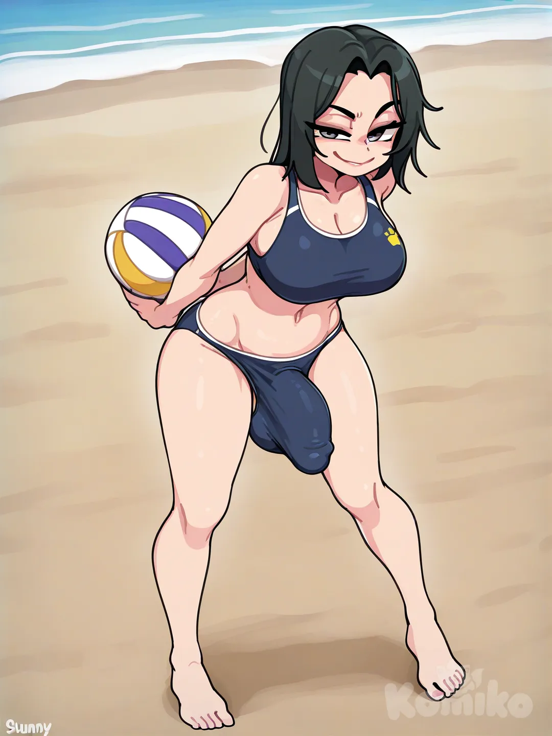 futanari bulge, médium Dick , smirk , [clean-lines-style] , full body, volleyball beach