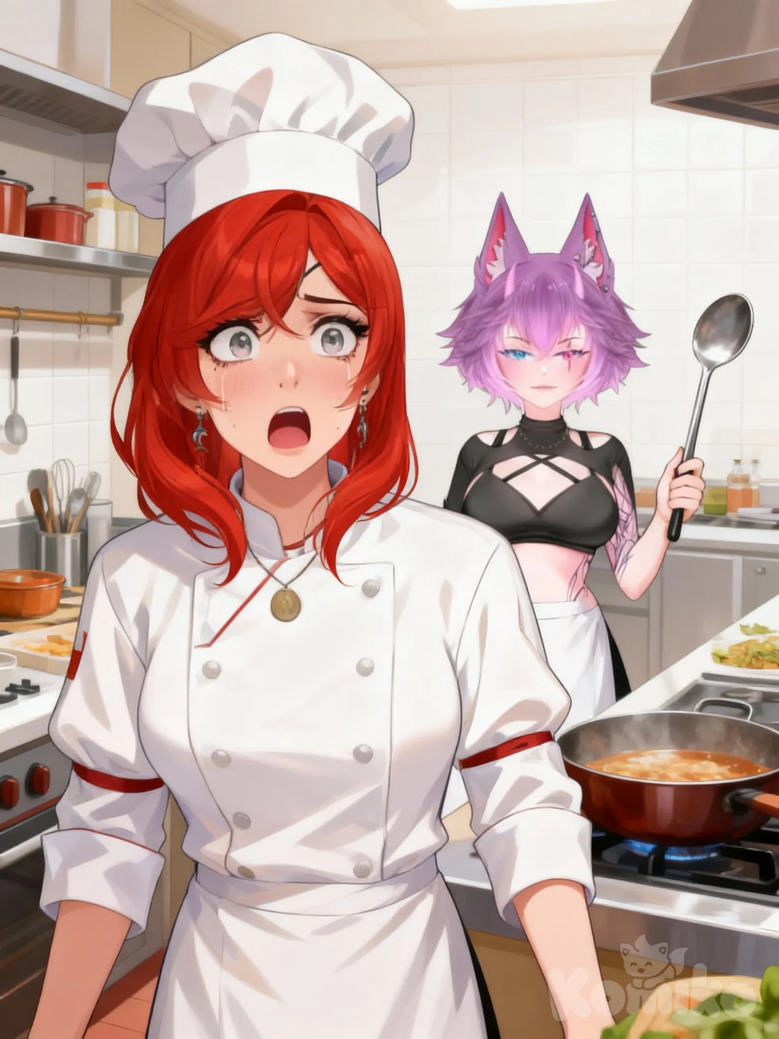 Нарисуй этих персонажей, пусть у персонажа слева на лице будет паника а сзади нее персонаж справа, который стоит с поварешкой в руке, обе они одеты в костюмы поваров, фон кухня