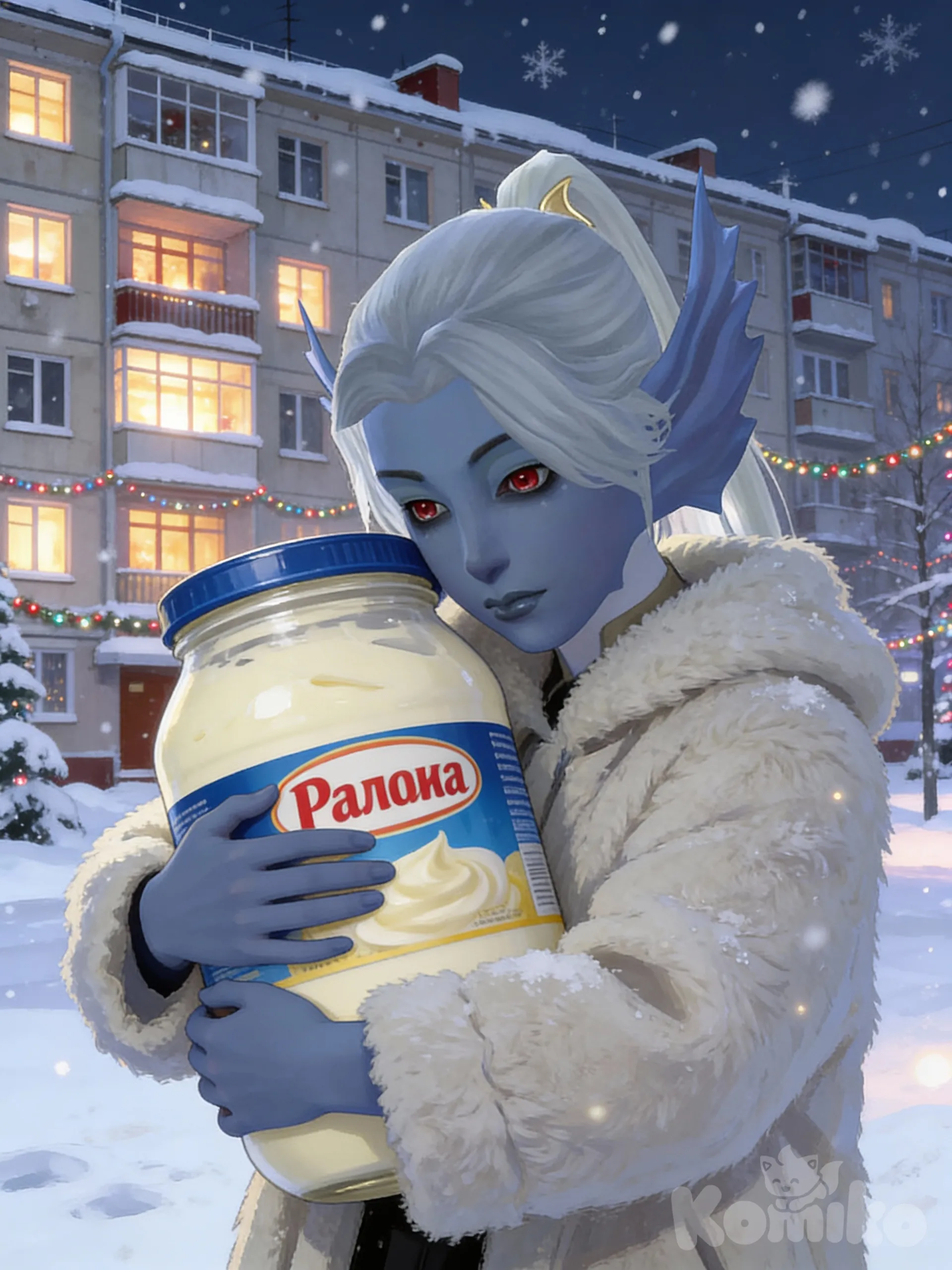 Нарисуй этого персонажа в шубе, обнимающим банку майонеза, атмосфера новогодняя ночь, на фоне хрущевки