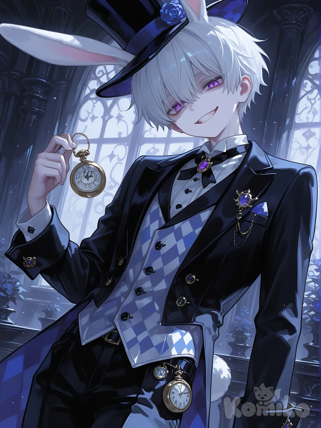 1 niño, orejas de conejo, niño conejo, enfoque masculino, conejo blanco (Alicia en el país de las maravillas), reloj, reloj de bolsillo, pelo blanco, cola de conejo, sombrero, piel pálida, cola, sombrero de copa, solo, ojos morados, formal, reloj, pelo corto, sonrisa malvada, sonrisa, malvado., [sensual-glossy-style]