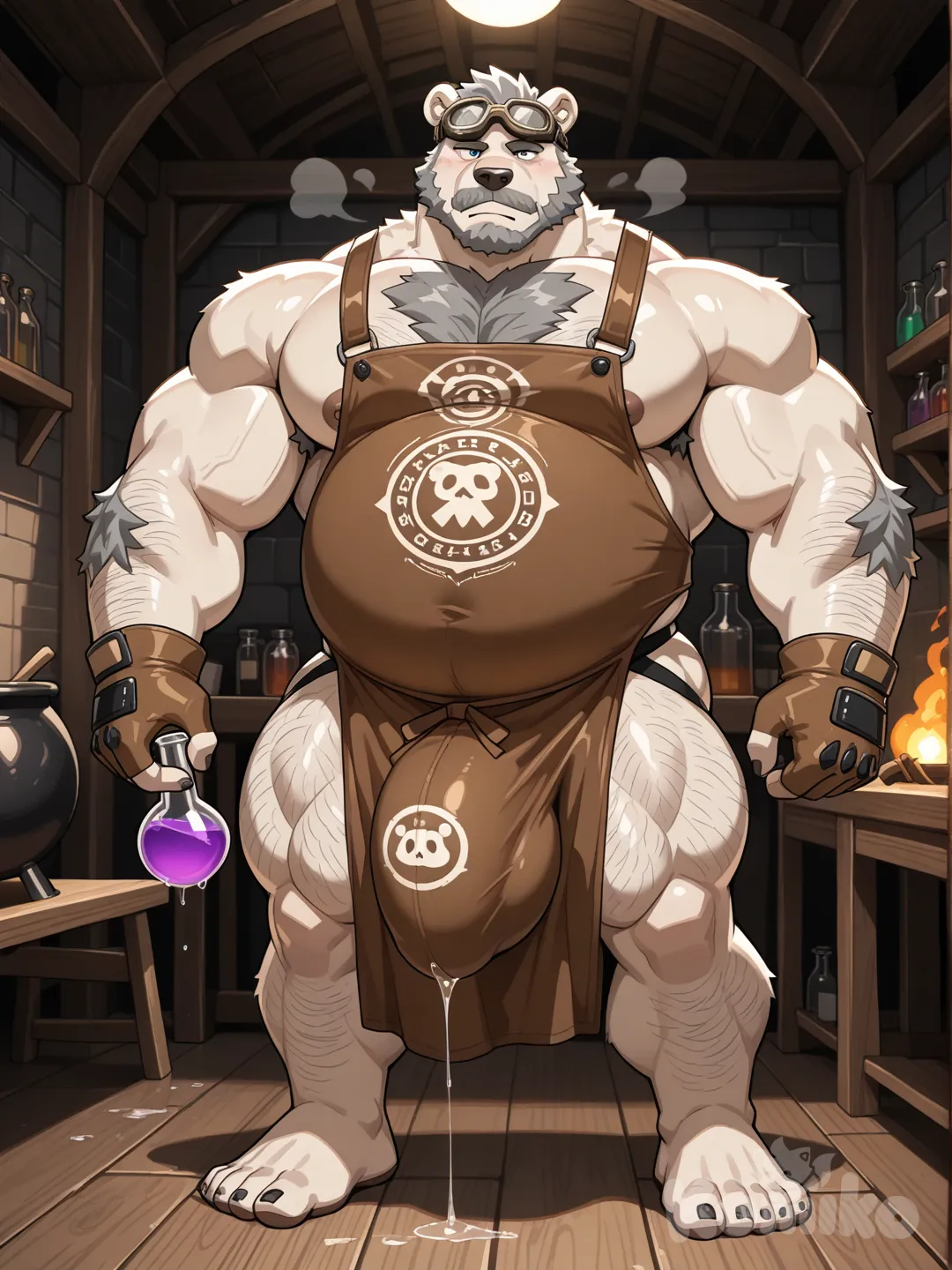 bara, human, short grey buzzcut, tall, tan skin, extremely hairy man, thick grey unkempt beard, mustache,
tall, muscular, fat abdomen, powerful jawline, huge muscular chest, very hairy man, dense bodyhair, furry body, furry chest, furry arms, furry legs,
potions master, alchemist, wearing only a leather apron covering the front, protective gloves, protective goggles, thick leather jockstrap,
heavy cock and balls, huge bulge, bulge print, enormous bulge, gigantic bulge,
precum, a lot of precum, copious amount of precum, leaking clear fluid from cockhead, line of precum all the way from the cock to the floor,
standing over a workbench, turning toward the viewer, serious look, holding a potion flask,
potions classroom background, dark room, mysterious room, low lights, magic, steam, cauldron,
focus on chest and cock, full body, high detail, bara artstyle.
