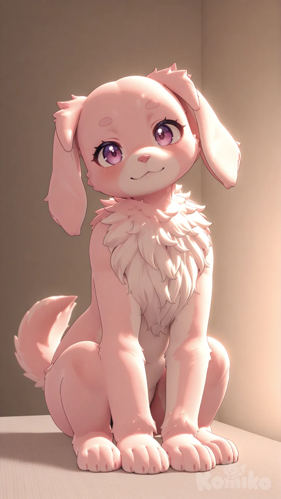 a cute baby dog, [3d-anime-style], head tilt, ultra soft volumetric fur, closeup, full body, rim light, on a soft pastel background sitting