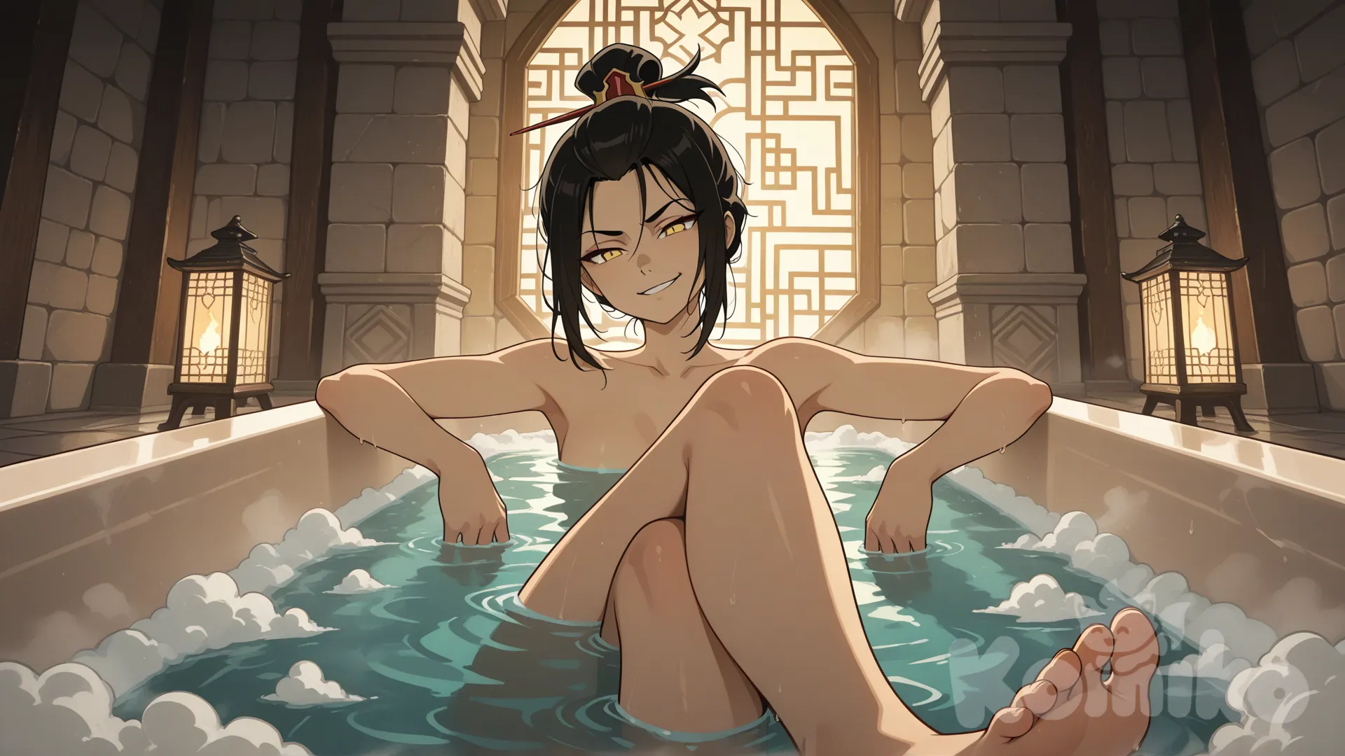 intricate detail, cinematic lighting, atmospheric, Azula from "Avatar: The Last Airbender" in her iconic art style. Low-angle perspective from the foot of the bath, looking up along the length of the rectangular Fire Nation stone bath (ofuro) towards Azula. Azula is relaxing in the luxurious bath filled with opaque, steamy mineral water. The water reaches just below her collarbones. She reclines back against the headrest at the far end, her arms resting casually on the wide side rims, hands relaxed. Her legs are extended towards the viewer, with her ankles and feet resting elegantly on the near rim of the bath, close to the foreground. Strong foreshortening, with her feet and ankles appearing larger in the foreground, leading the eye to her smirking face in the background. She looks down along her body towards the viewer with a slight, confident smirk, her long black hair up in a messy topknot. The scene is serene, filled with soft steam (swirls of mist) and the warm glow of lanterns reflecting on the opaque water surface. Deep reds, blacks, gold, and hints of turquoise color palette. Intricate Fire Nation architecture visible in the background. Art style of Avatar The Last Airbender animated series, faithful character design, sharp and clean lineart, expressive eyes, limited animation-style shading, dramatic perspective, tasteful depiction.