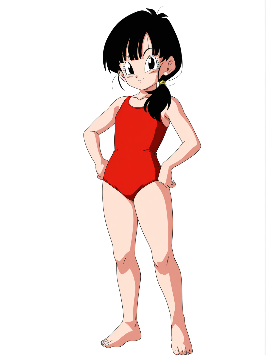 [pop-anime-style] 1girl, pan_(dragon_ball_gt), black_hair, hair_tie, black_eyes, red_one-piece_swimsuit, barefoot, single_character, full_body, looking_at_viewer, anime_style, simple_background, white_background