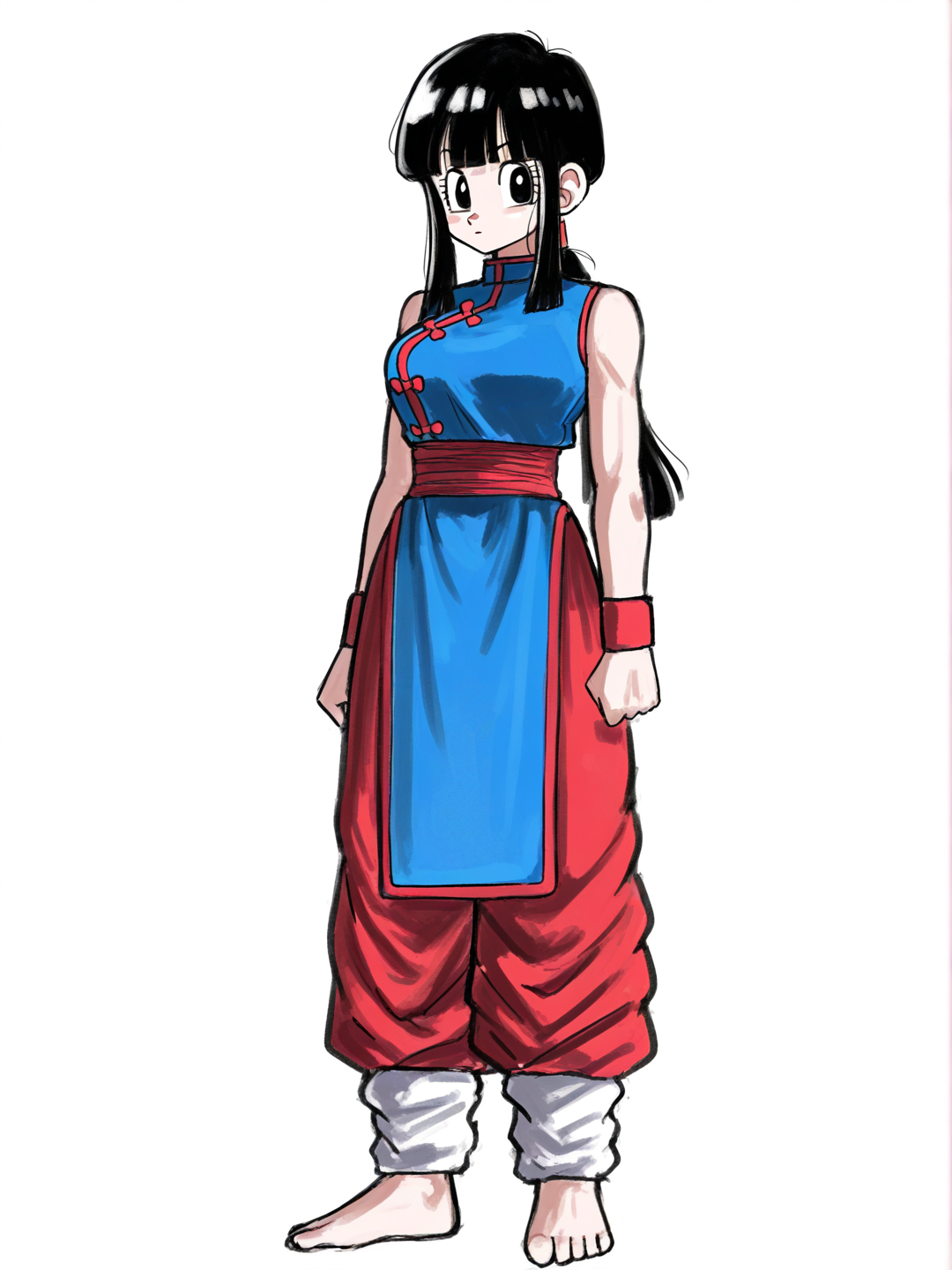 [sketchy-painterly-style] 1girl, chi-chi, dragon ball, long hair, black hair, ponytail, sidelocks, blunt bangs, black eyes, blue dress, red pants, sleeveless dress, chinese clothes, china dress, red sash, red wristband, white leg warmers, barefoot, single character, full body, looking at viewer, anime style, simple background, white background