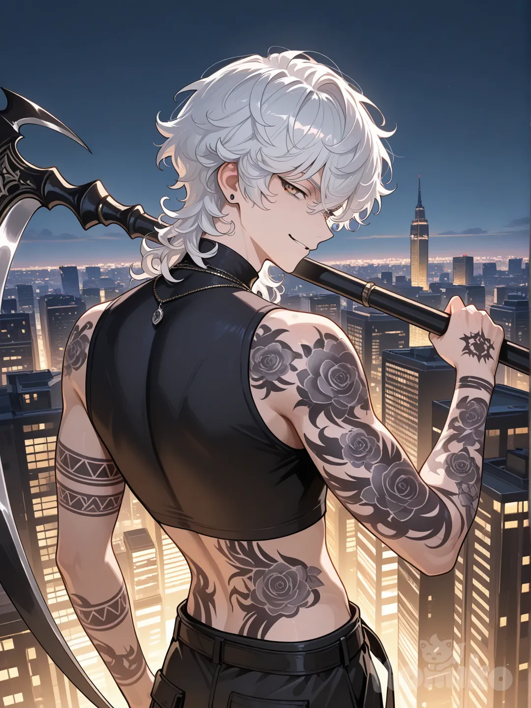 white hair, grey eyes, arm tattoos, abdomen tattoo, tight black turtleneck croptops, baggy black cargos, a purple diamond scythe, looking back, smirk, fluffy curls, choker, necklace, portrait, ambient light, skyscraper, 1boy