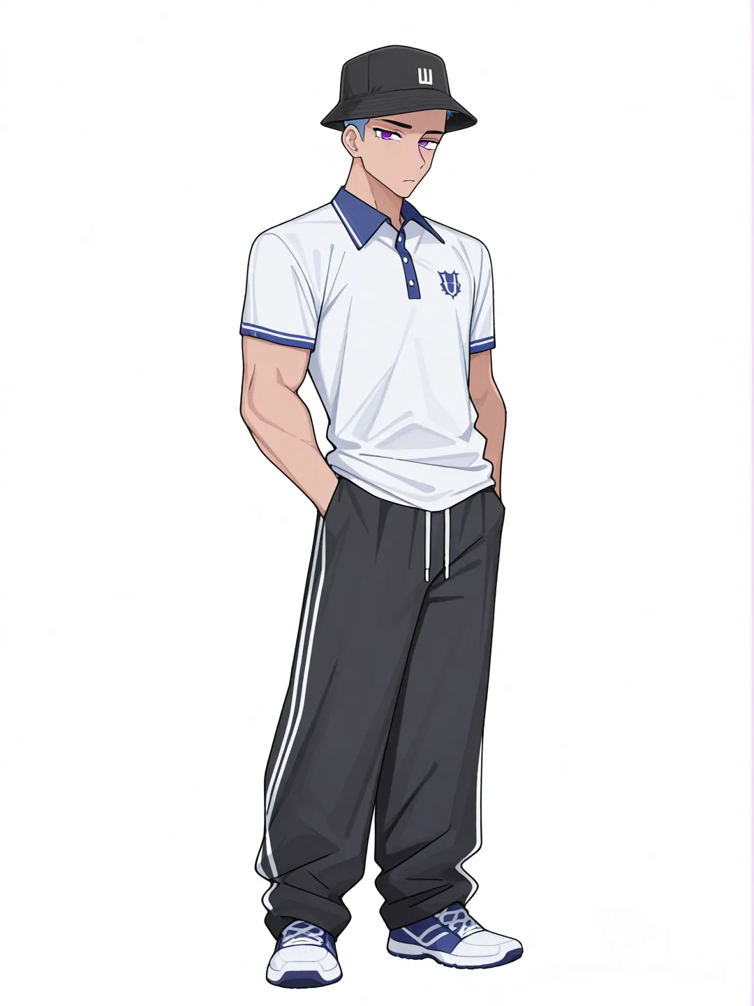 [toon-shaded-style] 1boy, solo, teen, muscular, purple eyes, blue hair, buzz cut, polo shirt, black pants, baggy pants, black bucket hat, full body, looking at viewer, anime style, simple background, white background