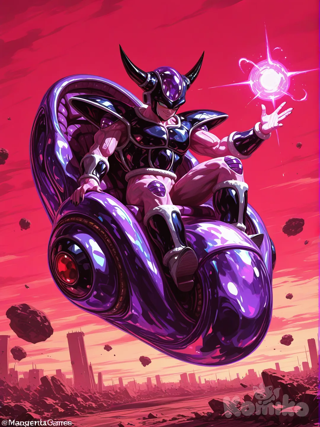 Esta imagem apresenta uma arte digital dinâmica e detalhada do icônico vilão Frieza (em sua primeira forma), da franquia Dragon Ball Z.
​Aqui estão os principais elementos da composição:
​Personagem Central
​Frieza (Primeira Forma): Ele é retratado com sua armadura de combate clássica em tons de roxo e preto, pele rosada e chifres pretos. Sua expressão é de confiança maligna, com um sorriso sarcástico.
​Pose de Poder: Frieza está em uma pose imponente, com uma mão erguida carregando uma pequena esfera de energia roxa, enquanto pedaços de rocha flutuam ao seu redor, sugerindo o uso de seus poderes telecinéticos.
​Cenário e Atmosfera
​Hoverchair: Ele está sentado em sua famosa cadeira flutuante (Hoverchair), que parece estar pairando sobre uma base metálica ou robótica.
​Fundo: O cenário sugere uma cidade alienígena ou uma base militar sob um céu carregado e avermelhado, reforçando o tom de destruição e domínio.
​Iluminação: A imagem é dominada por tons de roxo, rosa e magenta, com um forte contraste de luz vindo da energia em sua mão, o que destaca os relevos da armadura e os detalhes dos músculos.
​Estilo Artístico
​O estilo é altamente detalhado, com sombreamento profundo e texturas que dão um aspecto mais realista e "agressivo" do que o traço original do anime.
​No canto inferior direito, há uma marca d'água com o nome "KNIGHTOFGAMES", indicando a autoria ou fonte da arte.

, [sensual-glossy-style]