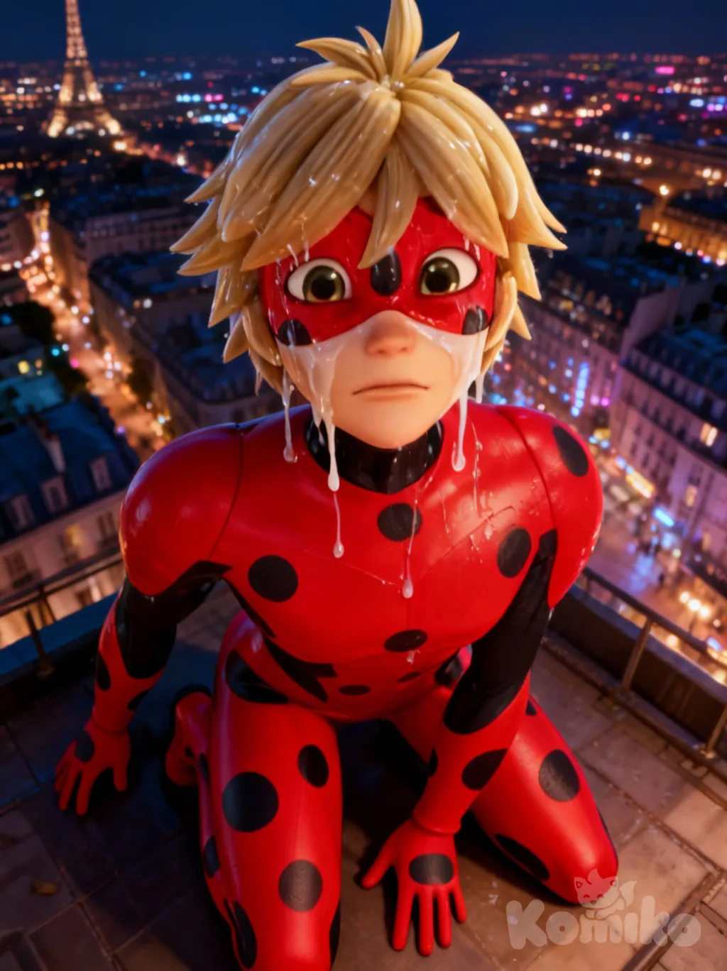 @mister-bug-bkXr same EXACT face as character, kneeling in a sensual pose, camera in a top-down (overhead) angle, urban nighttime setting with Paris city lights in the background, vibrant 3D animated style, saturated colors, same exact hair as character, same exact clothes as character, intense and provocative expression, face and hair covered in a lot of dripping white cum, dramatic lighting, hyper-high-quality art inspired by Miraculous