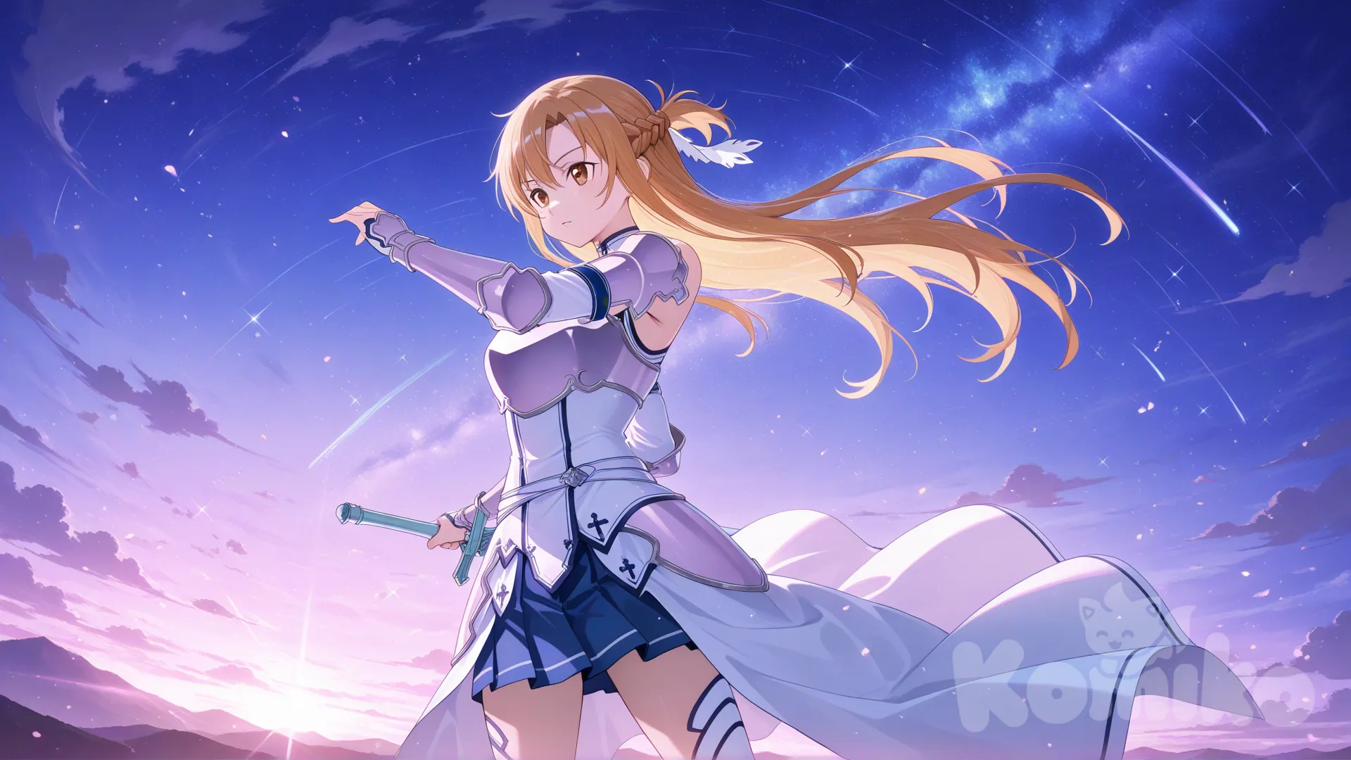 Asuna Yuuki, Sword Art Online, Valkirye series, outdoors, Sky Wallpaper, 
nubes, armadura de valkiria, 
Destellos celestes
