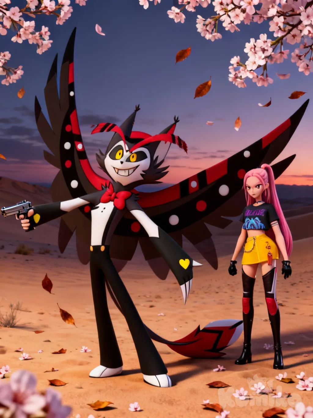 1boy, 1girl, 2people, full body, dusk, @Husk, holding gun, evil leaves falling, cherry blossoms, @Mira, [3d-anime-game-style], smirk, desert