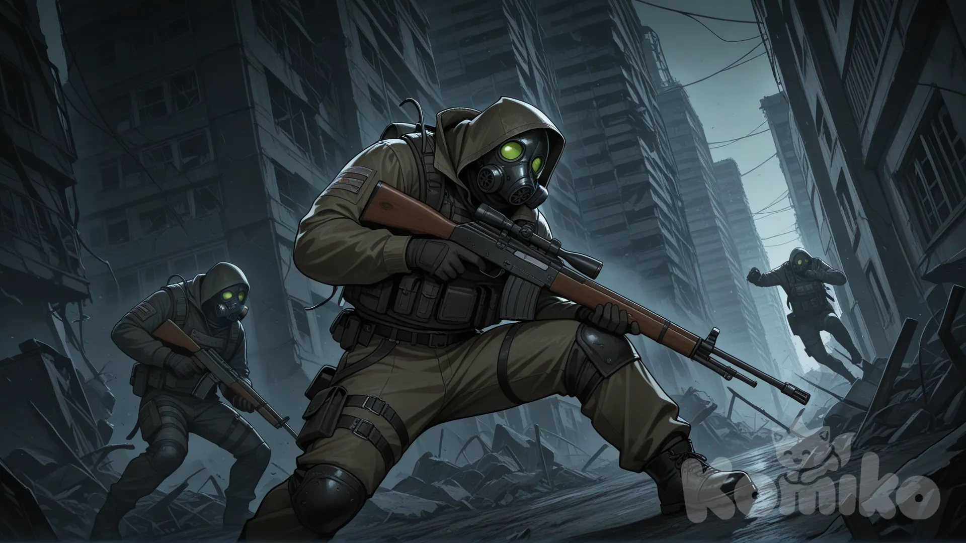 Сталкер, сражающийся с мутантами