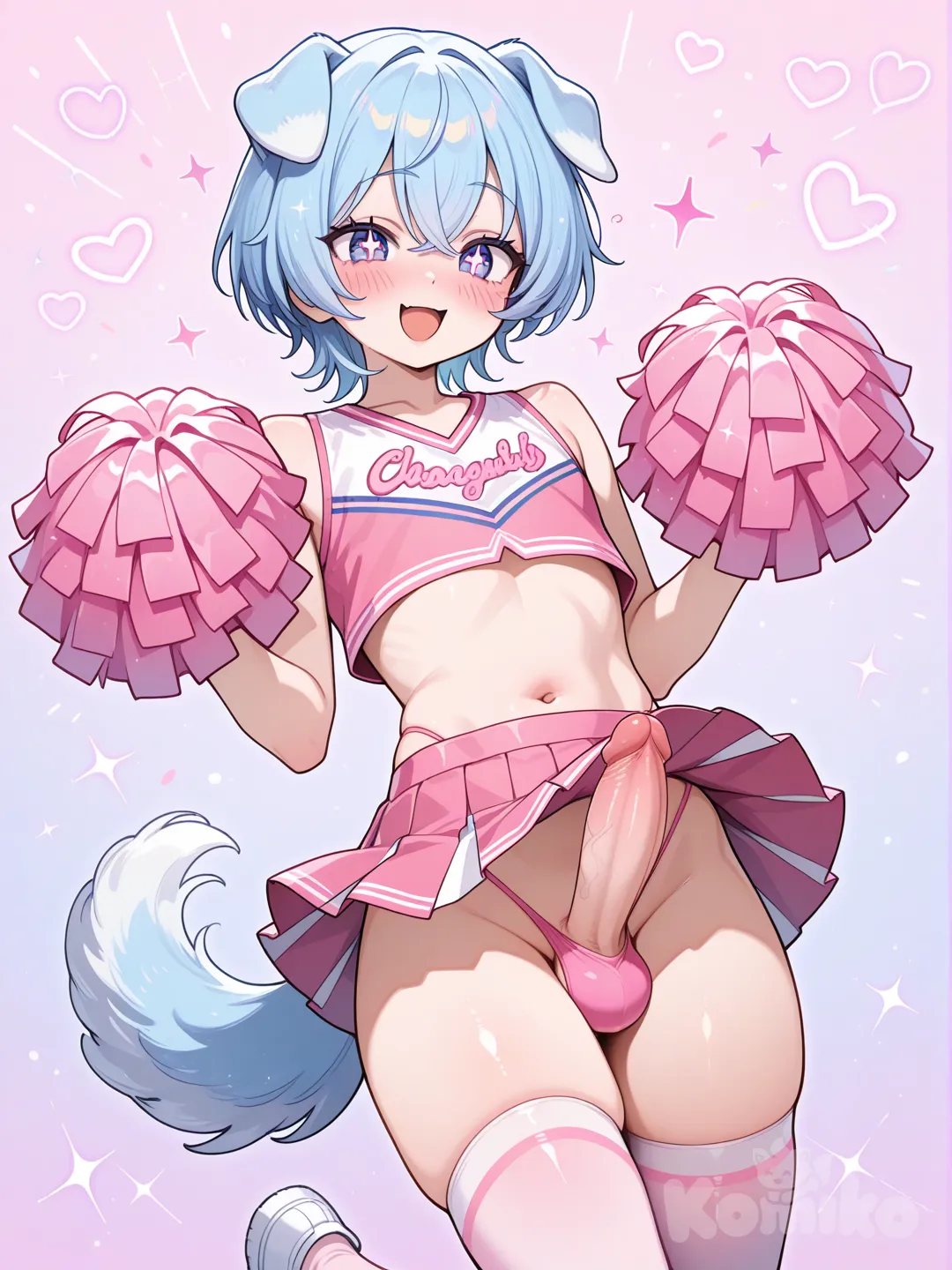 Anime style, cute blue-haired femboy with puppy ears, wearing a pink cheerleader outfit, pastel pink and white thigh highs, and a pink thong, playful pose, bright joyful atmosphere, erect dick peeking out from under skirt, 8K, highly .