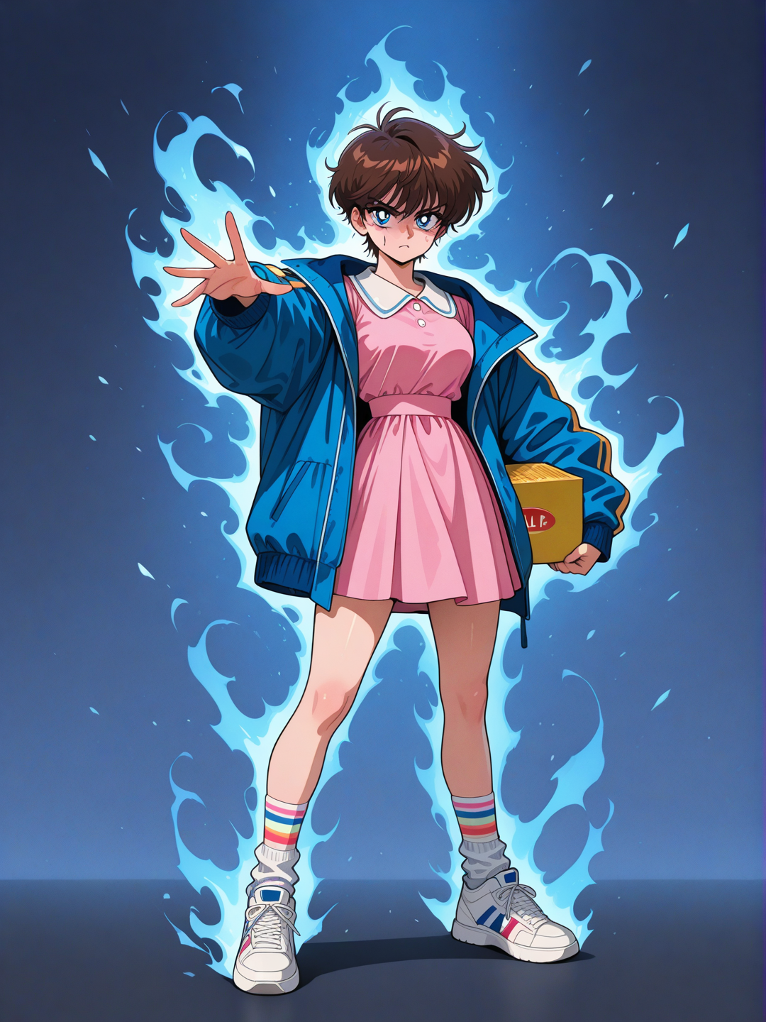 A teenage girl with a serious, determined expression. She has short, dark brown hair in a simple, slightly messy pixie cut. Her face is soft but strong-looking, with intense eyes that convey focus and telekinetic power.

Outfit

She is wearing the classic pink smocked dress with a white Peter-Pan collar.
Over the dress she has a blue windbreaker jacket, slightly oversized, with a retro 80s look.
On her feet — white tube socks with green and yellow stripes and white sneakers (80s style).

Accessories

She is holding a box of Eggo waffles in one hand (optional but iconic).
A small streak of fake nosebleed can be added to show her telekinetic power moment.
No heavy makeup — the look is natural.

Pose

She stands confidently with one hand stretched forward, palm open, as if using telekinesis.
The other hand is relaxed or holding the box of waffles.
Shoulders slightly tensed, posture strong and focused.

Atmosphere

Lighting is soft but dramatic, with a slight blue tint.
The background can be:

a dark forest,

an 80s suburban street,

or the Upside Down (mist, blue fog, floating spores).

Choose whichever fits the vibe you want.

Overall vibe

She looks like a powerful but vulnerable girl with supernatural abilities.
Calm, intense, iconic., @vivi-r2kt