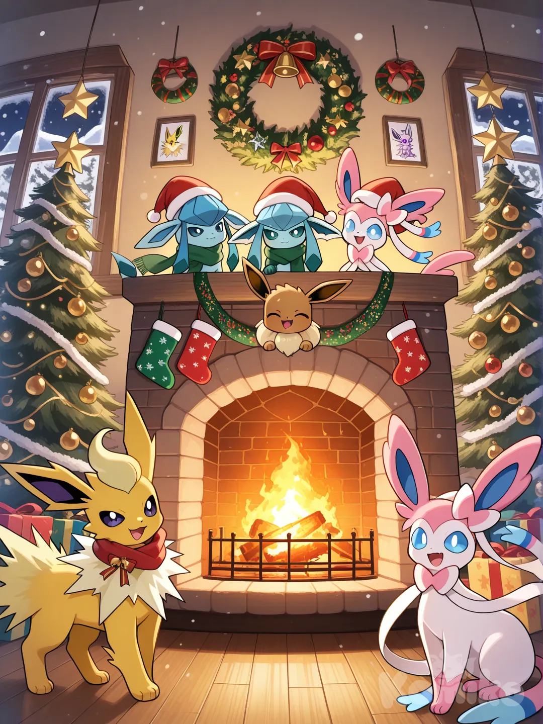 Eevee y sus evoluciones, incluyendo Vaporeon, Jolteon, Flareon, Espeon, Umbreon, Leafeon, Glaceon y Sylveon, vestidos con adorables trajes navideños como gorros de Santa, bufandas rojas y verdes, y accesorios festivos, posan alegremente alrededor de un gran árbol de Navidad decorado con luces brillantes, bolas coloridas, guirnaldas y estrellas en un salón acogedor lleno de ambiente invernal.