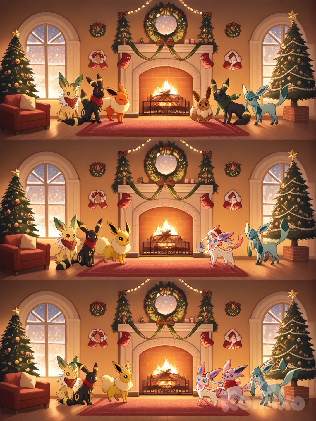 Eevee y sus evoluciones, incluyendo Vaporeon, Jolteon, Flareon, Espeon, Umbreon, Leafeon, Glaceon y Sylveon, vestidos con adorables trajes navideños como gorros de Santa, bufandas rojas y verdes, y accesorios festivos, posan alegremente alrededor de un gran árbol de Navidad decorado con luces brillantes, bolas coloridas, guirnaldas y estrellas en un salón acogedor lleno de ambiente invernal.