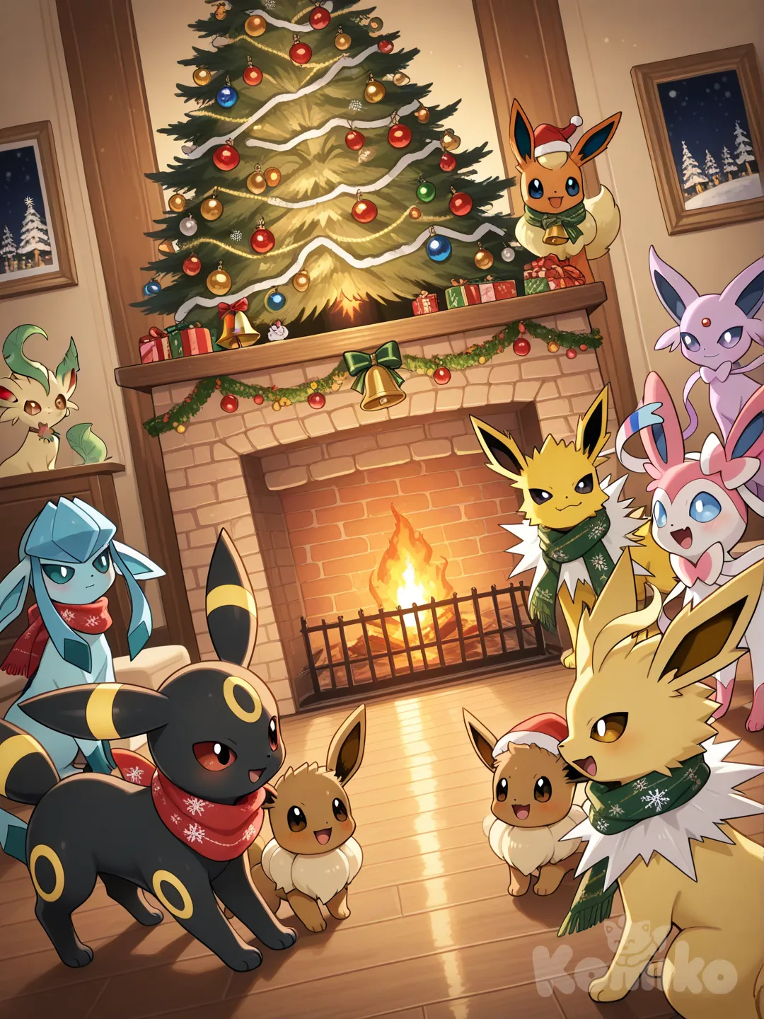 Eevee y sus evoluciones, incluyendo Vaporeon, Jolteon, Flareon, Espeon, Umbreon, Leafeon, Glaceon y Sylveon, vestidos con adorables trajes navideños como gorros de Santa, bufandas rojas y verdes, y accesorios festivos, posan alegremente alrededor de un gran árbol de Navidad decorado con luces brillantes, bolas coloridas, guirnaldas y estrellas en un salón acogedor lleno de ambiente invernal.