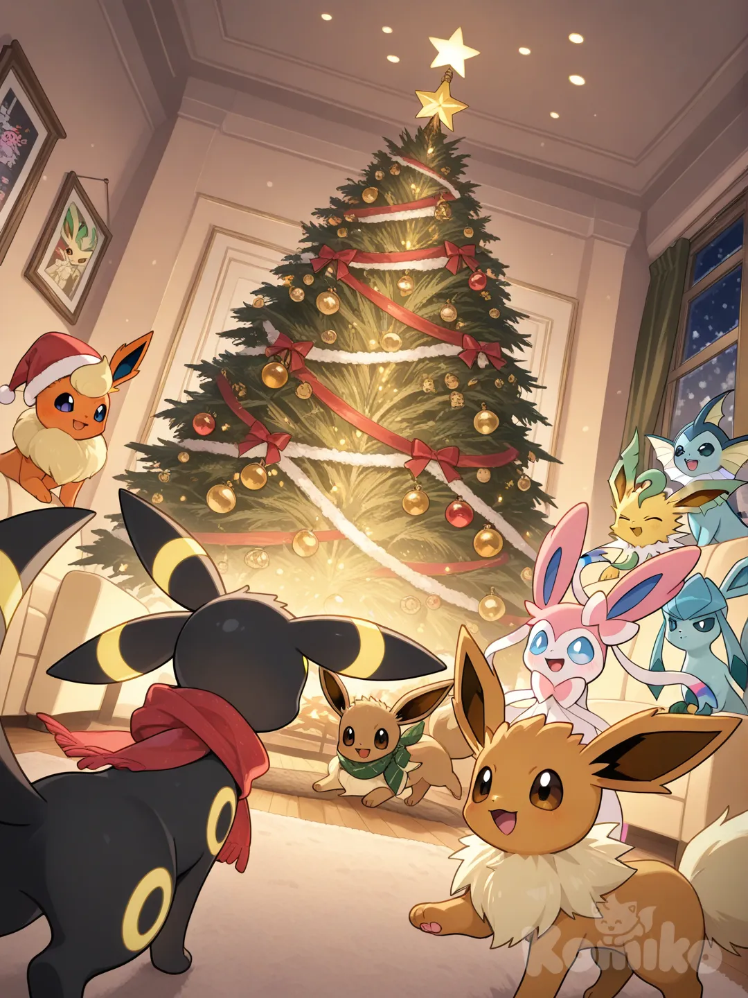 Eevee y sus evoluciones, incluyendo Vaporeon, Jolteon, Flareon, Espeon, Umbreon, Leafeon, Glaceon y Sylveon, vestidos con adorables trajes navideños como gorros de Santa, bufandas rojas y verdes, y accesorios festivos, posan alegremente alrededor de un gran árbol de Navidad decorado con luces brillantes, bolas coloridas, guirnaldas y estrellas en un salón acogedor lleno de ambiente invernal.