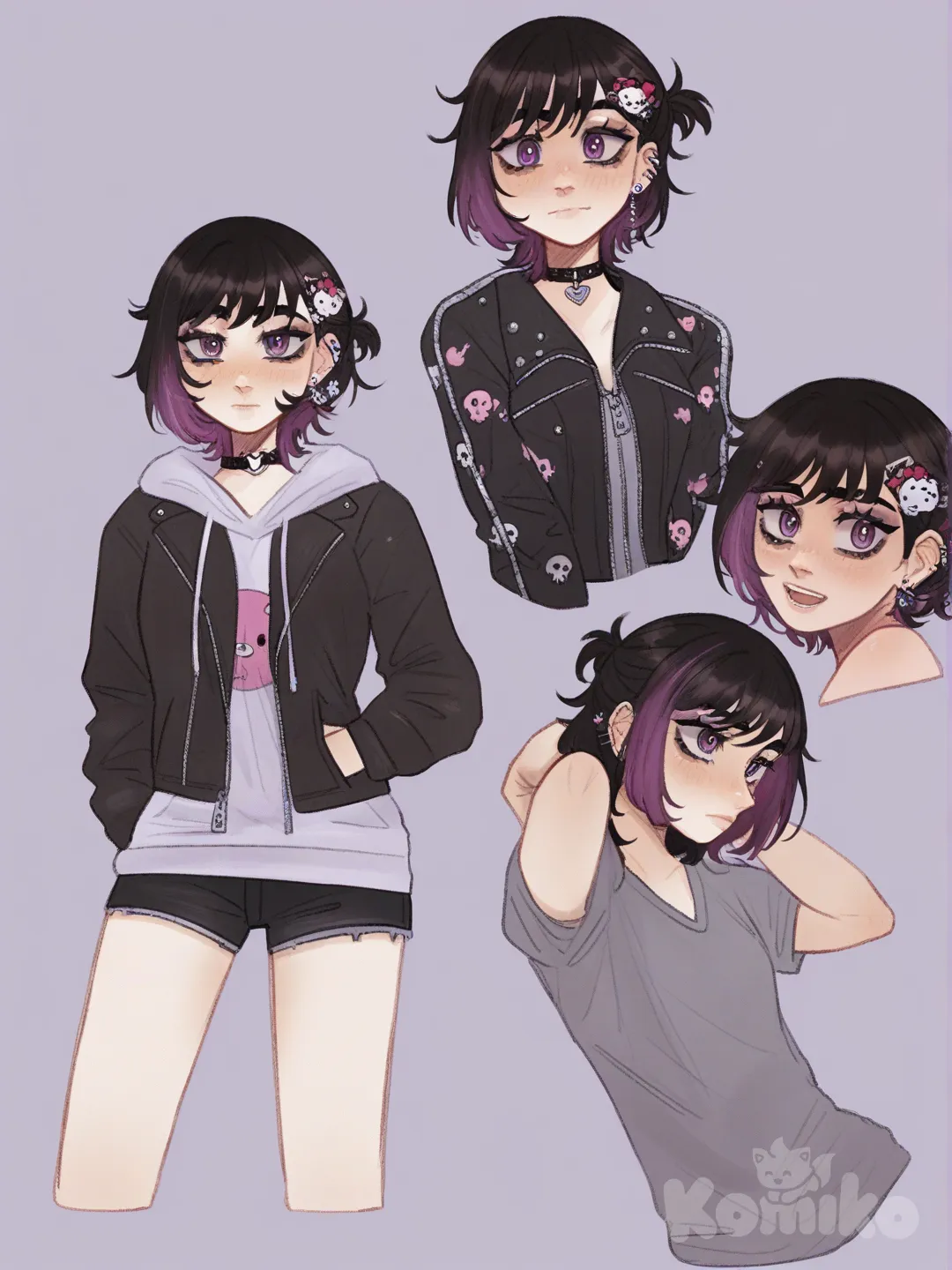 [soft-shaded-moe-style] 1girl, short hair, brown hair, purple highlights, purple eyes, pink eyes, fair skin, small breasts, black hair flower, flower hair ornament, hair clip, side hair ornament, silver earrings, earrings, choker, heart choker, interlocked hearts, black jacket, zipper jacket, metallic zipper, hoodie, skull print, grey shirt, loose shirt, hello kitty print, black shorts, casual clothes, calm expression, shy expression, dynamic pose, multiple poses, character sheet, single character, full body, looking at viewer, anime style, simple background, white background