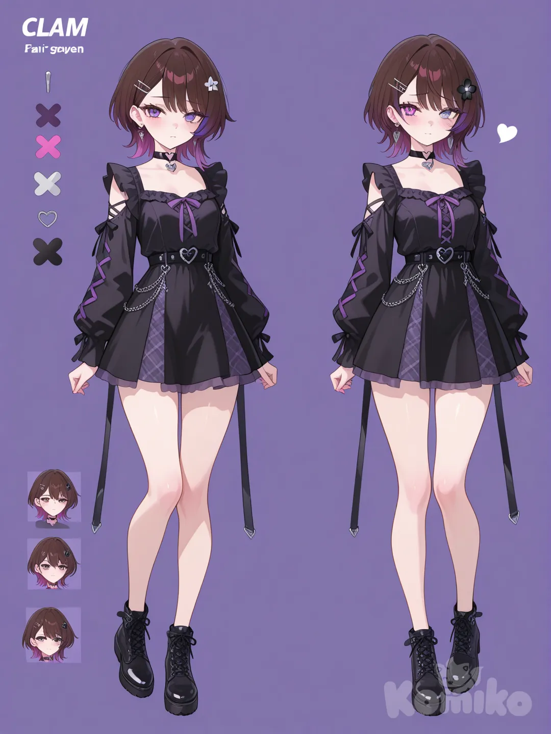 bright-anime-style] 1girl, short hair, brown hair, purple highlights, purple eyes, pink eyes, fair skin, small breasts, black hair flower, flower hair ornament, hair clip, side hair ornament, silver earrings, earrings, choker, heart choker, interlocked hearts, calm expression, shy expression, dynamic pose, multiple poses, character sheet, single character, full body, looking at viewer, anime style, sensual, small breasts