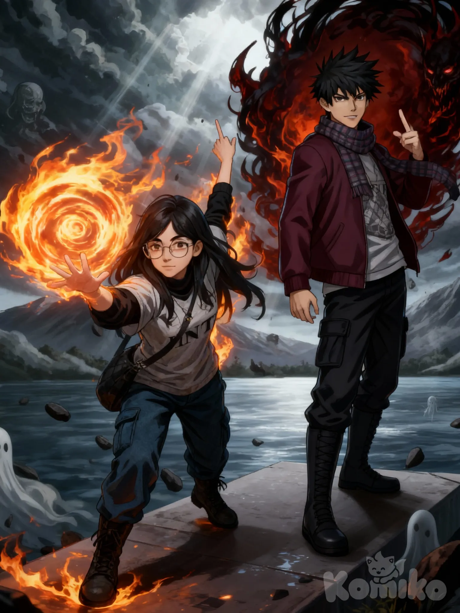 Un personaje femenino, en plena batalla, imita la pose de Jogo de Jujutsu Kaisen durante su ataque de fuego. Su cuerpo se inclina ligeramente hacia adelante, con el brazo izquierdo extendido, la palma abierta y los dedos separados, mientras lanza una bola de fuego giratoria; el brazo derecho se mantiene erguido para mantener el equilibrio. Energía ígnea rodea su mano y llamas dinámicas iluminan su rostro. Iluminación dramática, fuertes contrastes de luces y sombras, plano general, postura imponente, estilo anime.

Un personaje masculino, en la misma pose que Sukuna de Jujutsu Kaisen durante su ataque con el dedo índice. Señala hacia adelante con la mano derecha, formando el gesto icónico de Sukuna con dos dedos extendidos. Su torso está ligeramente girado, con una expresión confiada y agresiva; el brazo izquierdo cae relajado a su lado, y llamas o energía maligna se arremolinan tras él. Iluminación dinámica de anime, atmósfera tensa de batalla, plano general.