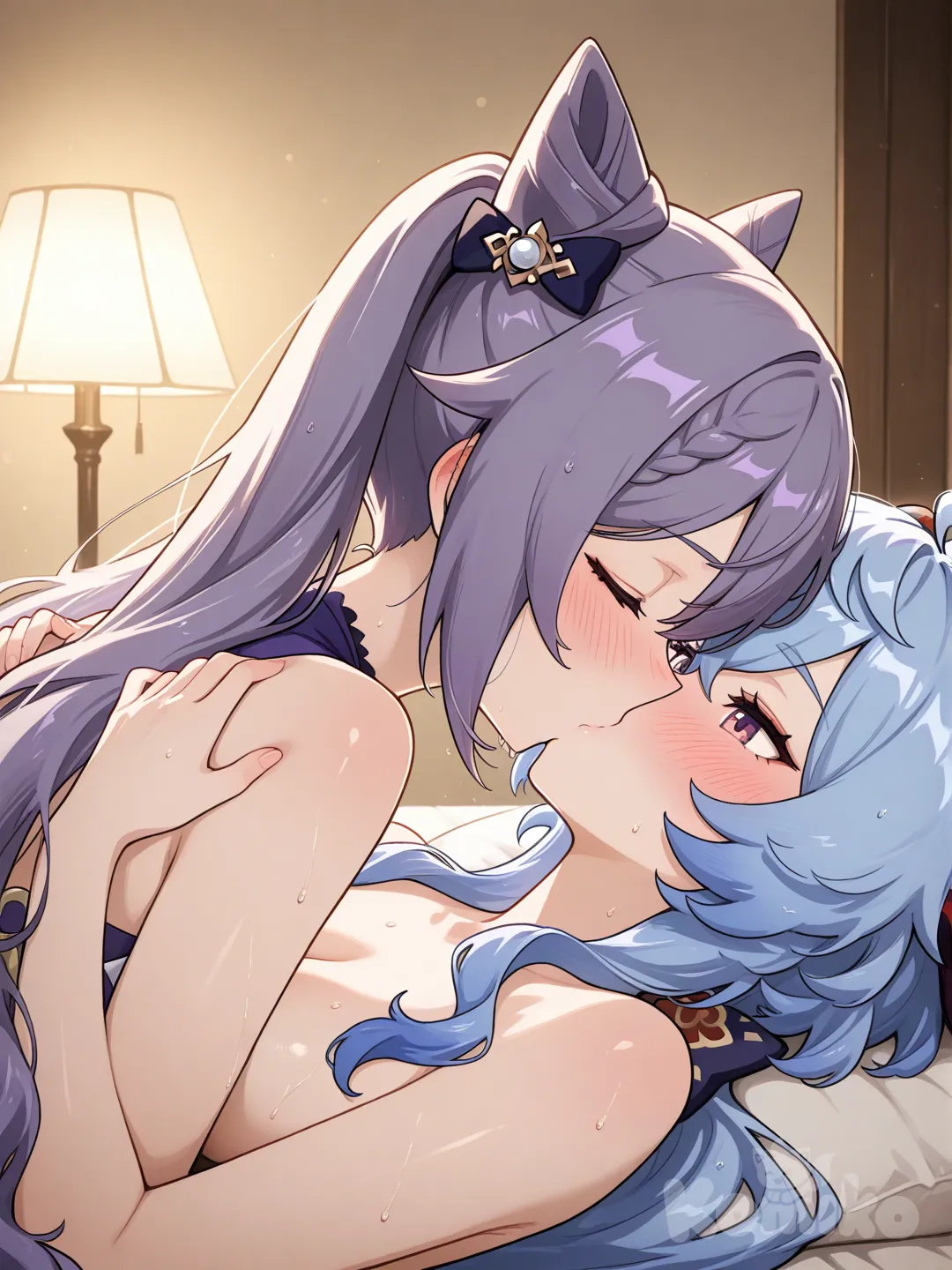 2girls, yuri, futanari, bedroom, bed, palace style bed, uncensored, intimate, romantic, wet, sensual atmosphere, background, soft lighting, emotional expression, Ganyu, Keqing, genshin impact, kiss, gentle touch, blushing, entwined fingers, soft smiles, natural lighting, romantic lighting, emotional depth, serene expression, tender moment, affection, close-up, scenic view, ethereal lighting, passionate embrace, anime style, delicate textures, warm tones, soft focus, mutual gaze, peaceful setting, harmonious moment, sex, missionary position